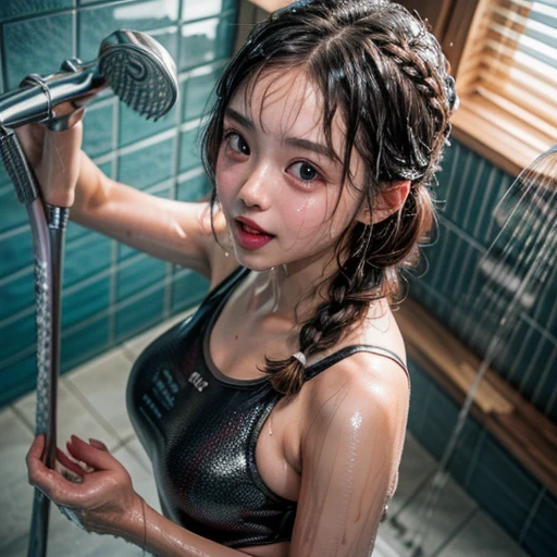 SFW, (Girls friendly snapshot in poolside open shower room), Braid hair, With bangs、(School Swimwear), the body is covered with juice、Sweating、be sweaty、Wet pearl skin, ((Wet swimsuit)), Perfect Lighting, Clear Focus, (bokeH:1.4), Roundly butts, { (shower:1.7) | Overflowing Gigantic sideboob | Butt cruck | (from above:1.4) }, hidden hands BREAK (NOGIZAKA girls)  ((Extremely Detailed very KAWAII face variations)), perfect anatomy, Childish, captivating gaze, elaborate detailed Eyes with (sparkling highlights:1.2), long eyelashes、Glossy RED Lips with beautiful details, Coquettish tongue, Rosy cheeks . { (Dynamic joyful expressions) | (:d) }, (no large eyes) .