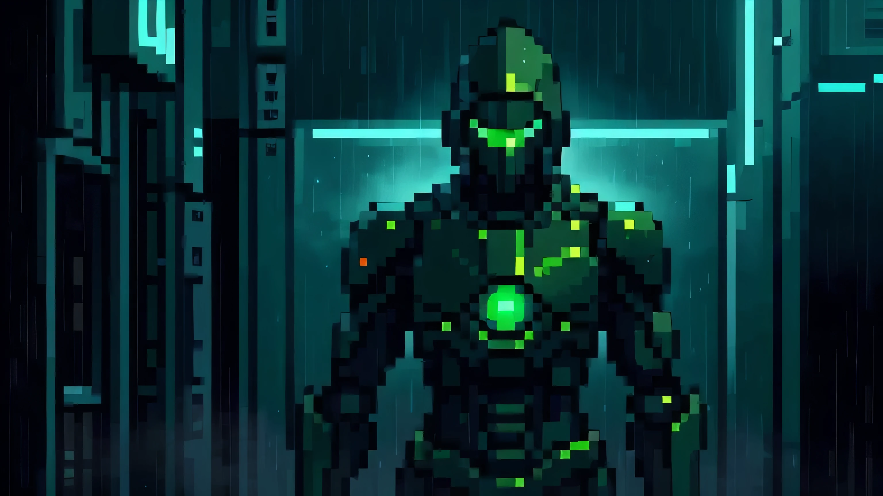 pixel art,pixel perfect, in a cyber city, pouring rain,detailed environmental textures,moody atmospheric yellow lighting,cinematic composition,intricate details,vibrant colors,dramatic lighting,volumetric fog,realistic shading,masterpiece, black robot with green lights wearing a hood, holding a saber
