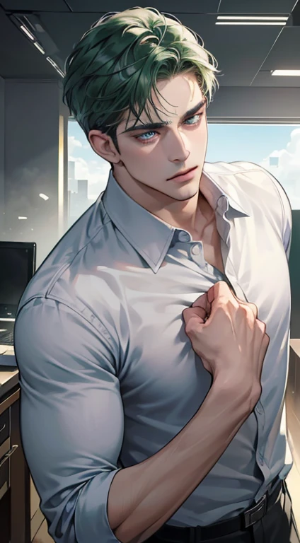 (best quality, masterpiece, 8K, photorealistic, cinematic lighting, hdr image, ultra detailed, beautiful image), 1 man, 31 years old, mature man, very handsome, (without expression, serious), short green hair, blue grey eyes ( penetrating gaze), perfect face without errors, imposing posture, without errors, businessman, office background