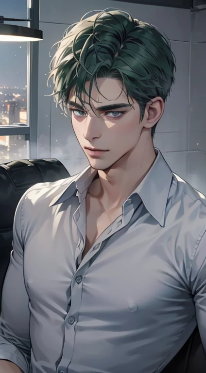 (best quality, masterpiece, 8K, photorealistic, cinematic lighting, hdr image, ultra detailed, beautiful image), 1 man, 31 years old, mature man, very handsome, (without expression, serious), short green hair, blue grey eyes ( penetrating gaze), perfect face without errors, imposing posture, without errors, businessman, office background