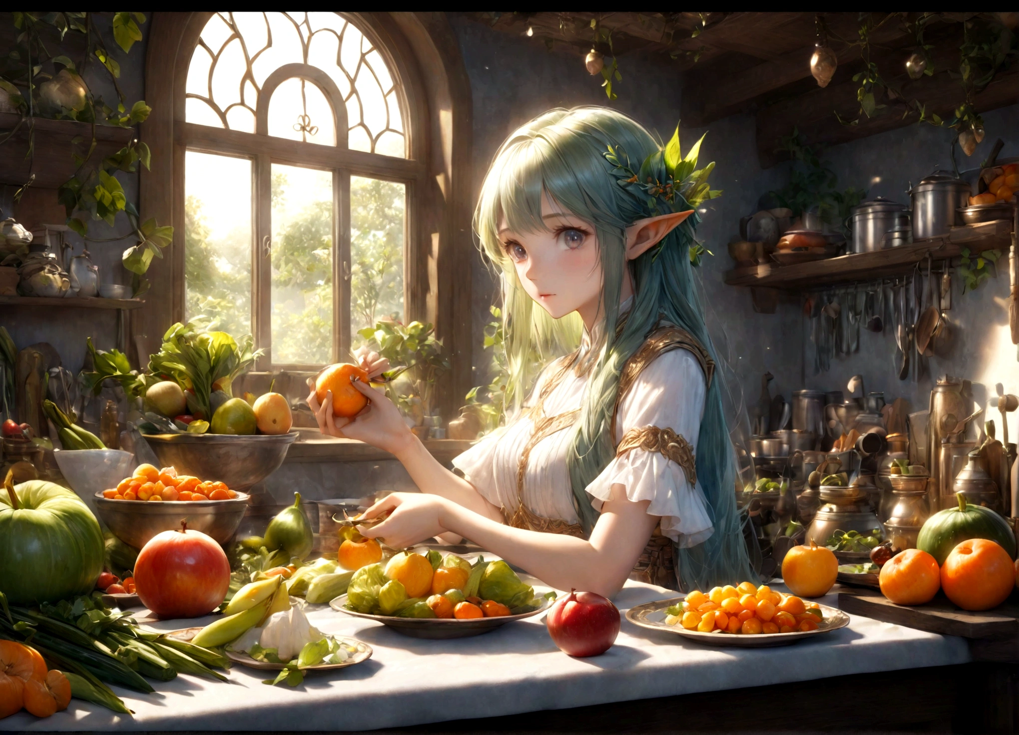 a lean gorgeous elf woman, long hair, sheer slip, working in an elven ornate kitchen, carefully carving fruits and vegetables into a delicate petite meal, (best quality,4k,8k,highres,masterpiece:1.2),ultra-detailed,(realistic,photorealistic,photo-realistic:1.37),HDR,UHD,studio lighting,ultra-fine painting,sharp focus,physically-based rendering,extreme detail description,professional,vivid colors,fantasy,concept art,warm lighting,natural colors
