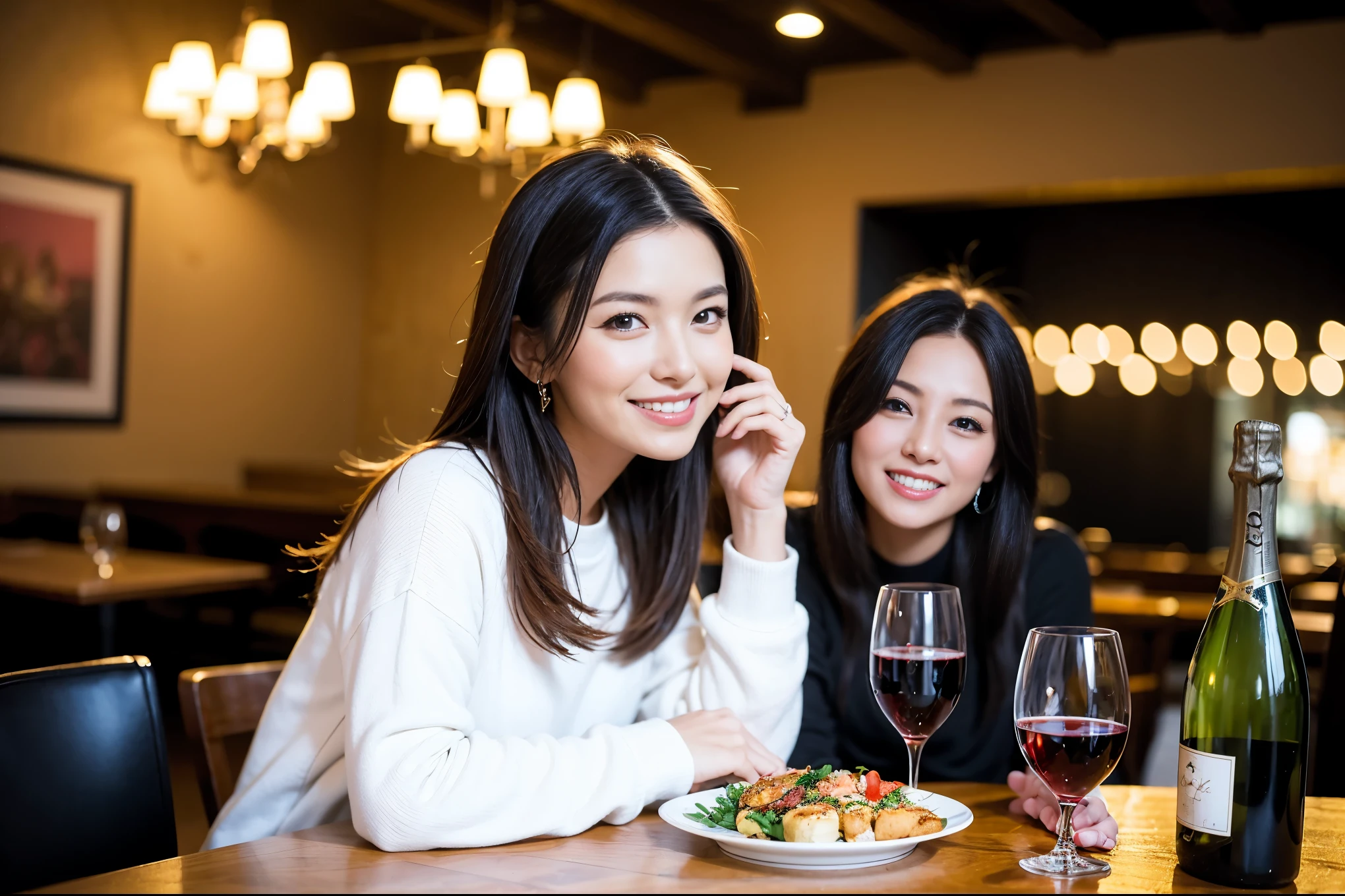 ((highest quality、8k、masterpiece:1.3))、1 male、1 female、Spouse、Beautiful couple、smile、 (Slim face), (the body is スリム), (Brown Hair), (Shortcuts), ((Bob Hale、Straight hair:1.2)), テーブルの上のwine glass、Please shine a light on my face、 Amazing view of the sunset sky and clouds、Amazing mountain views、smileの美しさ、Bright image、Blushing, Shortcuts,Bright Face、 (Age 35), 39 years old, red wine 、Appetizers、Italian food、Wine bottle、Champagne、sparkling wine、Long sleeve shirt、dress、Attractive beauty、restaurant, Nova Frog Style, actress, model, Upper Body, White wine, red wine, wine glass,