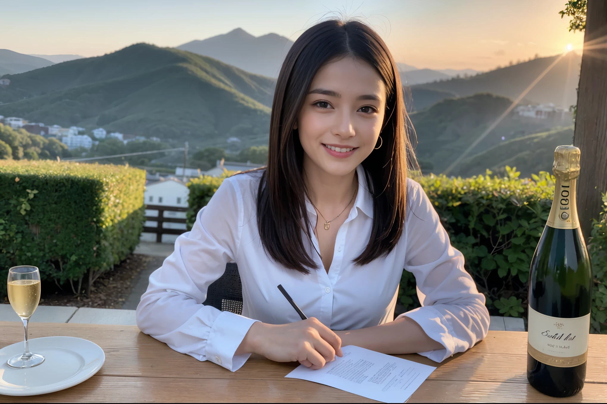((highest quality、8k、masterpiece:1.3))、1 male、1 female、Spouse、Beautiful couple、smile、 (Slim face), (the body is スリム), (Brown Hair), (Shortcuts), ((Bob Hale、Straight hair:1.2)), テーブルの上のwine glass、Please shine a light on my face、 Amazing view of the sunset sky and clouds、Amazing mountain views、smileの美しさ、Bright image、Blushing, Shortcuts,Bright Face、 (Age 35), 39 years old, red wine 、Appetizers、Italian food、Wine bottle、Champagne、sparkling wine、Long sleeve shirt、dress、Attractive beauty、restaurant, Nova Frog Style, actress, model, Upper Body, White wine, red wine, wine glass, 