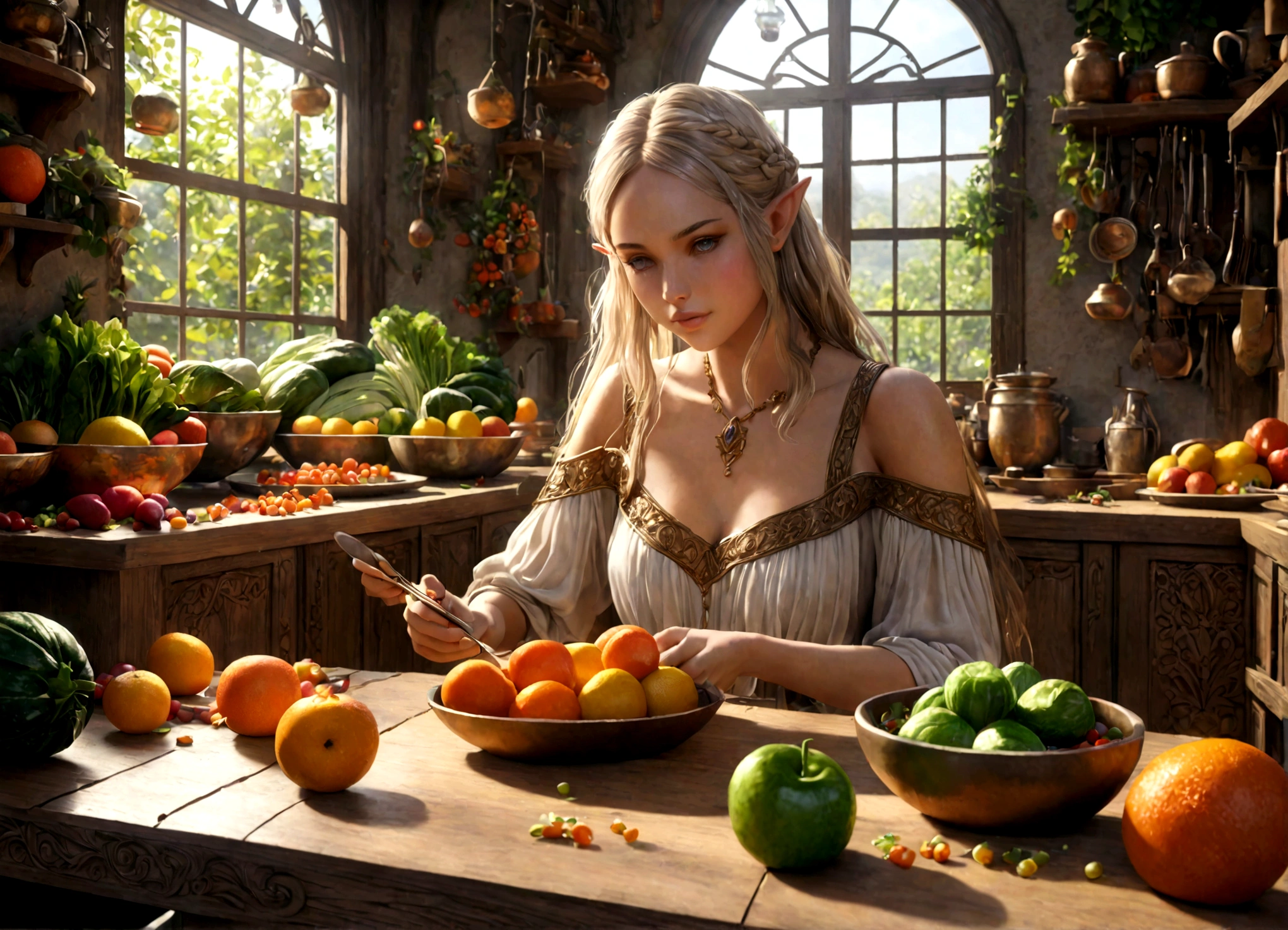 a lean gorgeous elf woman, long hair, sheer slip, working in an elven ornate kitchen, carefully carving fruits and vegetables into a delicate petite meal, (best quality,4k,8k,highres,masterpiece:1.2),ultra-detailed,(realistic,photorealistic,photo-realistic:1.37),HDR,UHD,studio lighting,ultra-fine painting,sharp focus,physically-based rendering,extreme detail description,professional,vivid colors,fantasy,concept art,warm lighting,natural colors
