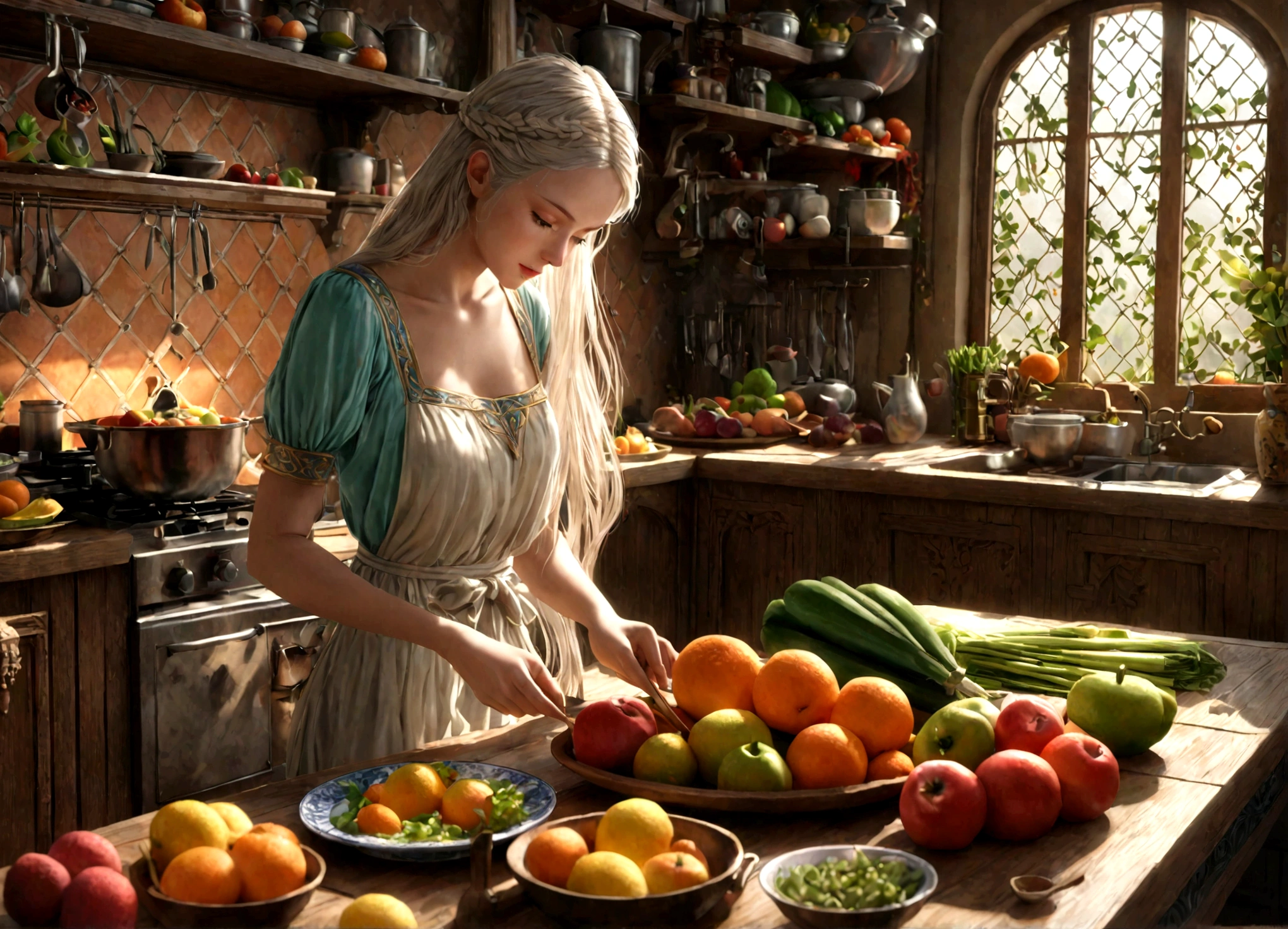 a lean gorgeous elf woman, long hair, sheer slip, working in an elven ornate kitchen, carefully carving fruits and vegetables into a delicate petite meal, (best quality,4k,8k,highres,masterpiece:1.2),ultra-detailed,(realistic,photorealistic,photo-realistic:1.37),HDR,UHD,studio lighting,ultra-fine painting,sharp focus,physically-based rendering,extreme detail description,professional,vivid colors,fantasy,concept art,warm lighting,natural colors