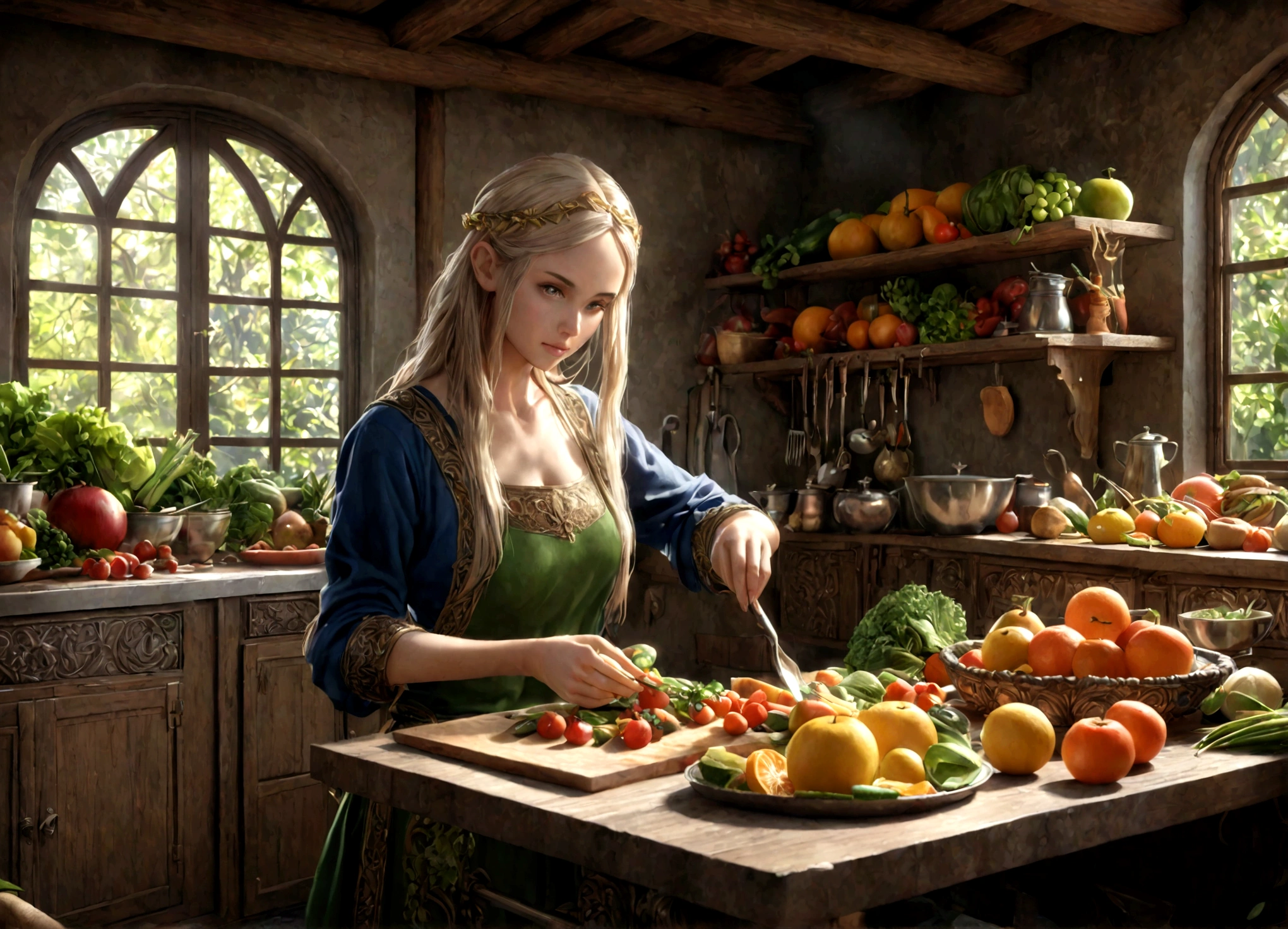 a lean gorgeous elf woman, long hair, sheer slip, working in an elven ornate kitchen, carefully carving fruits and vegetables into a delicate petite meal, (best quality,4k,8k,highres,masterpiece:1.2),ultra-detailed,(realistic,photorealistic,photo-realistic:1.37),HDR,UHD,studio lighting,ultra-fine painting,sharp focus,physically-based rendering,extreme detail description,professional,vivid colors,fantasy,concept art,warm lighting,natural colors