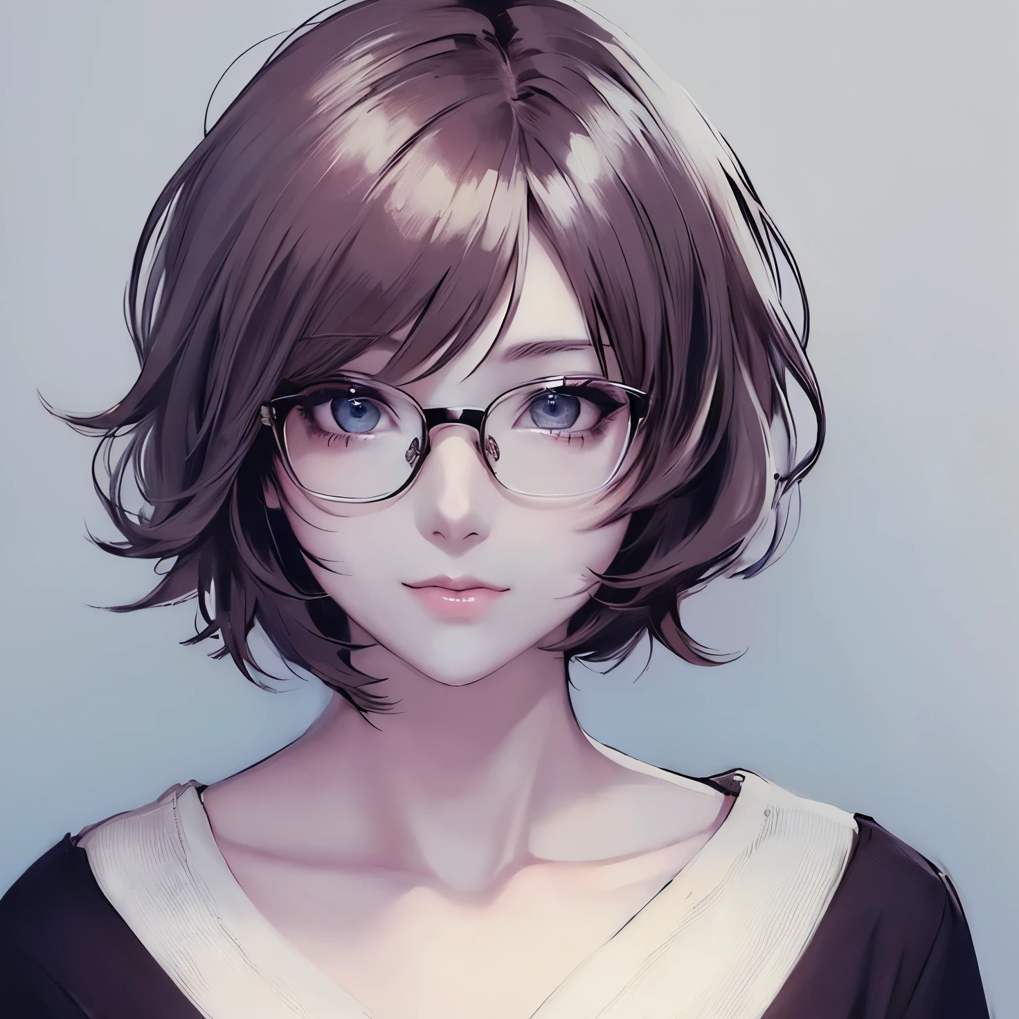 anime girl with short hair and glasses looking at the camera, sayori, anime style portrait, anime moe artstyle, flat anime style shading, clean detailed anime style, fubuki, with short hair, in an anime style, anime portrait, [[[[grinning evily]]]], cute anime face, detailed anime soft face