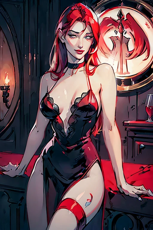 ((ultra realistic illustration:1.3)), Tall, slender ((redhead:1.2)) woman of Irish descent. (pale:1.3)complexion. blue eyes, cute butt, nice legs. Kind eyes, cute (smile). red lipstick, choker, black lace cocktail dress, fancy heels. Elegant evening wear. Classy Jazz club. Masterpiece, (highly detailed:1.2),(detailed face and eyes:1.2), 8k wallpaper, Moody lighting. core shadows, high contrast, bokeh.