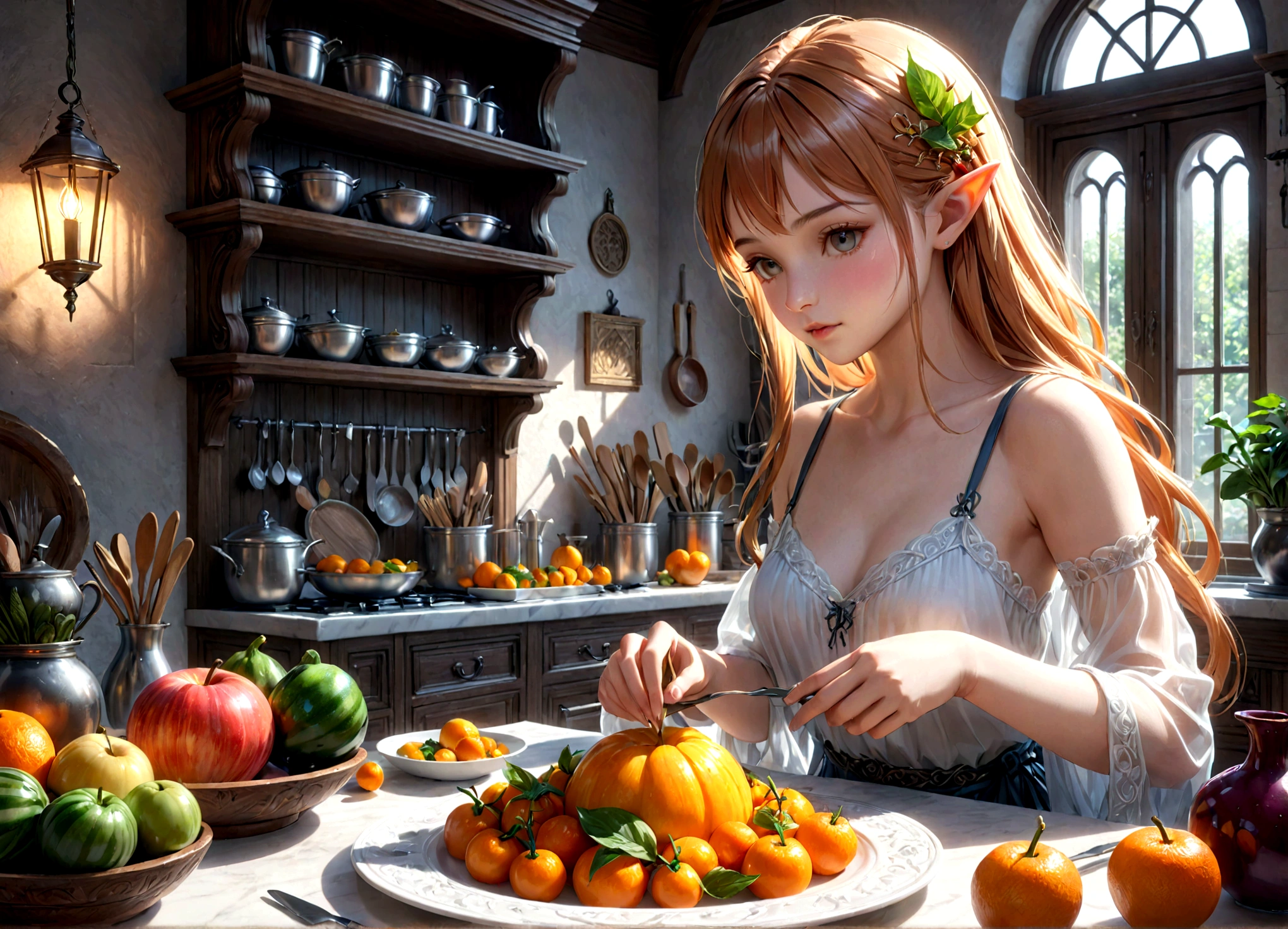 a lean gorgeous elf woman, long hair, sheer slip, working in an elven ornate kitchen, carefully carving fruits and vegetables into a delicate petite meal, (best quality,4k,8k,highres,masterpiece:1.2),ultra-detailed,(realistic,photorealistic,photo-realistic:1.37),HDR,UHD,studio lighting,ultra-fine painting,sharp focus,physically-based rendering,extreme detail description,professional,vivid colors,fantasy,concept art,warm lighting,natural colors
