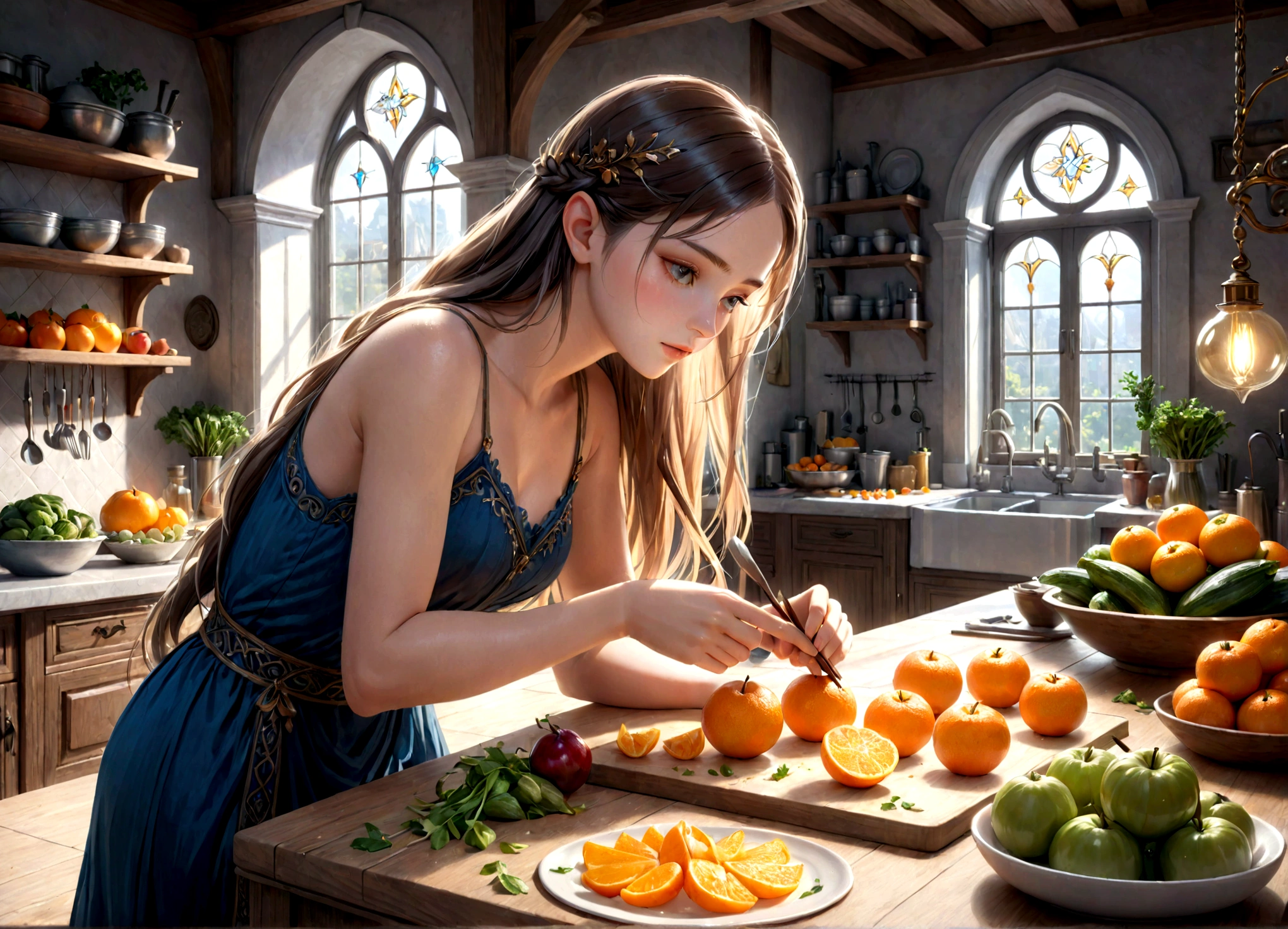 a lean gorgeous elf woman, long hair, sheer slip, working in an elven ornate kitchen, carefully carving fruits and vegetables into a delicate petite meal, (best quality,4k,8k,highres,masterpiece:1.2),ultra-detailed,(realistic,photorealistic,photo-realistic:1.37),HDR,UHD,studio lighting,ultra-fine painting,sharp focus,physically-based rendering,extreme detail description,professional,vivid colors,fantasy,concept art,warm lighting,natural colors