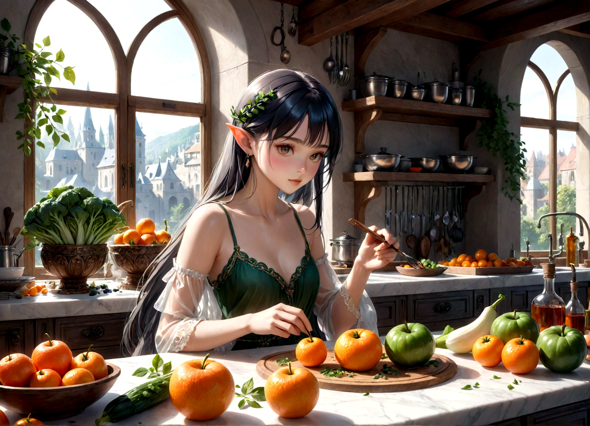 a lean gorgeous elf woman, long hair, sheer slip, working in an elven ornate kitchen, carefully carving fruits and vegetables into a delicate petite meal, (best quality,4k,8k,highres,masterpiece:1.2),ultra-detailed,(realistic,photorealistic,photo-realistic:1.37),HDR,UHD,studio lighting,ultra-fine painting,sharp focus,physically-based rendering,extreme detail description,professional,vivid colors,fantasy,concept art,warm lighting,natural colors
