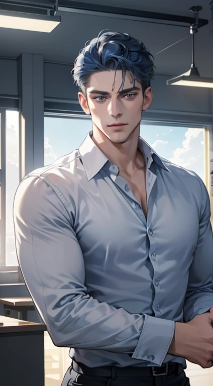 (best quality, masterpiece, 8K, photorealistic, cinematic lighting, hdr image, ultra detailed, beautiful image), 1 man, 31 years old, mature man, very handsome, (without expression, serious), short blue hair, blue grey eyes ( penetrating gaze), perfect face without errors, imposing posture, without errors, businessman, office background