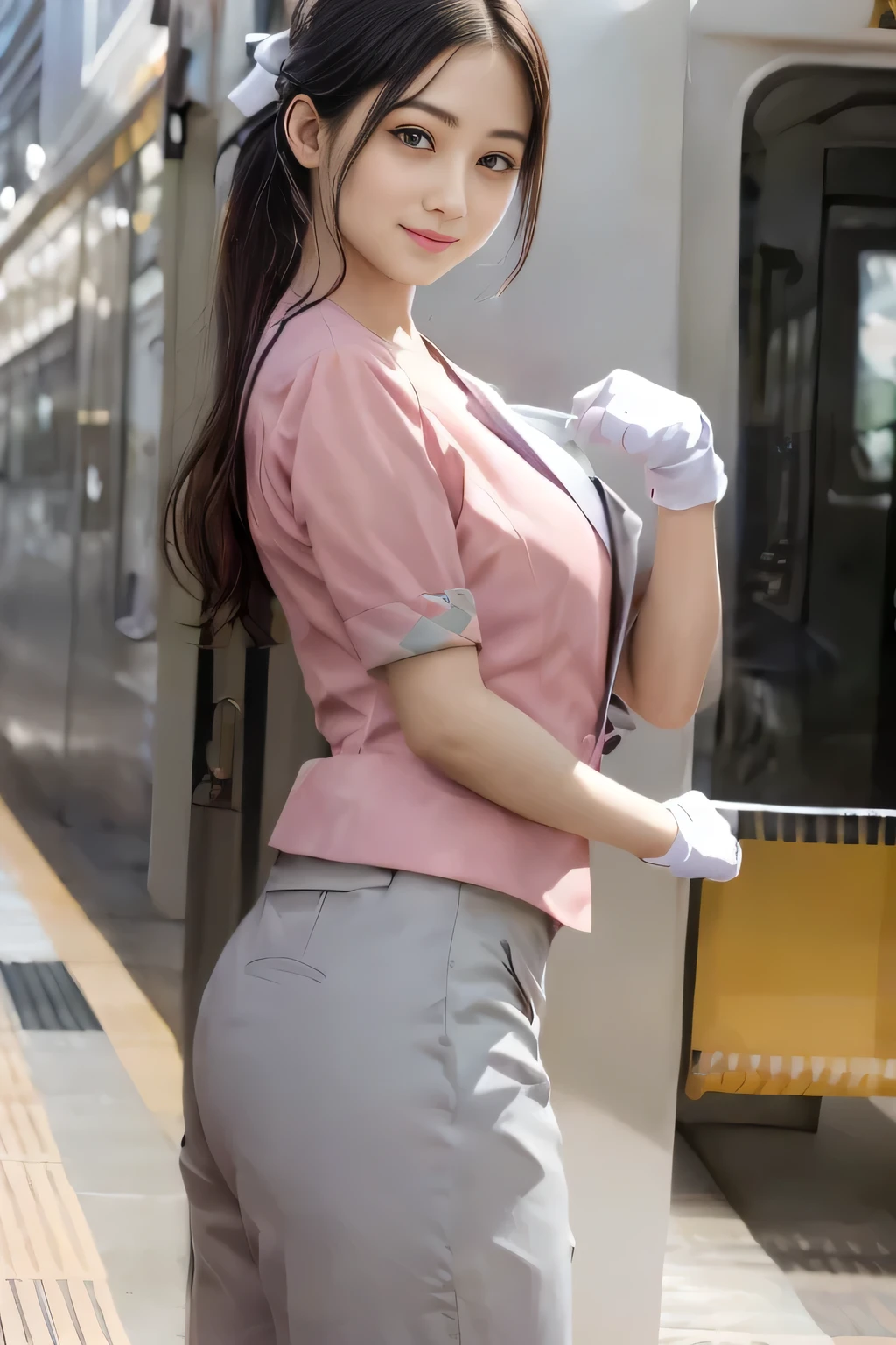(masterpiece:1.2, highest quality:1.2), 32K HDR, High resolution, (alone、1 girl)、（On the rooftop of a building in the daytime、Professional Lighting）、Building rooftop background、（Nankai train crew uniform pinkを着たリアルスタイル）、（Nankai train crew uniform pink short sleeve pink jacket、Nankai Train Crew Uniform Pink Collarless Short Sleeve Blouse、Nankai Train Crew Uniform Pink Grey Knee-length Culottes）、Dark brown hair、（Hair tied up、Hair Bun、Hair Bun）、Dark brown hair、Long Shot、Big Breasts、Thin legs、（（Great hands：2.0）），（（Harmonious body proportions：1.5）），（（Normal limbs：2.0）），（（Normal finger：2.0）），（（Delicate eyes：2.0）），（（Normal eyes：2.0））)、smile、（Nankai Train Crew Uniform Pink Grey Knee-length Culottesを見せた美しい歩く姿）、Keep your hands natural、Wearing gloves