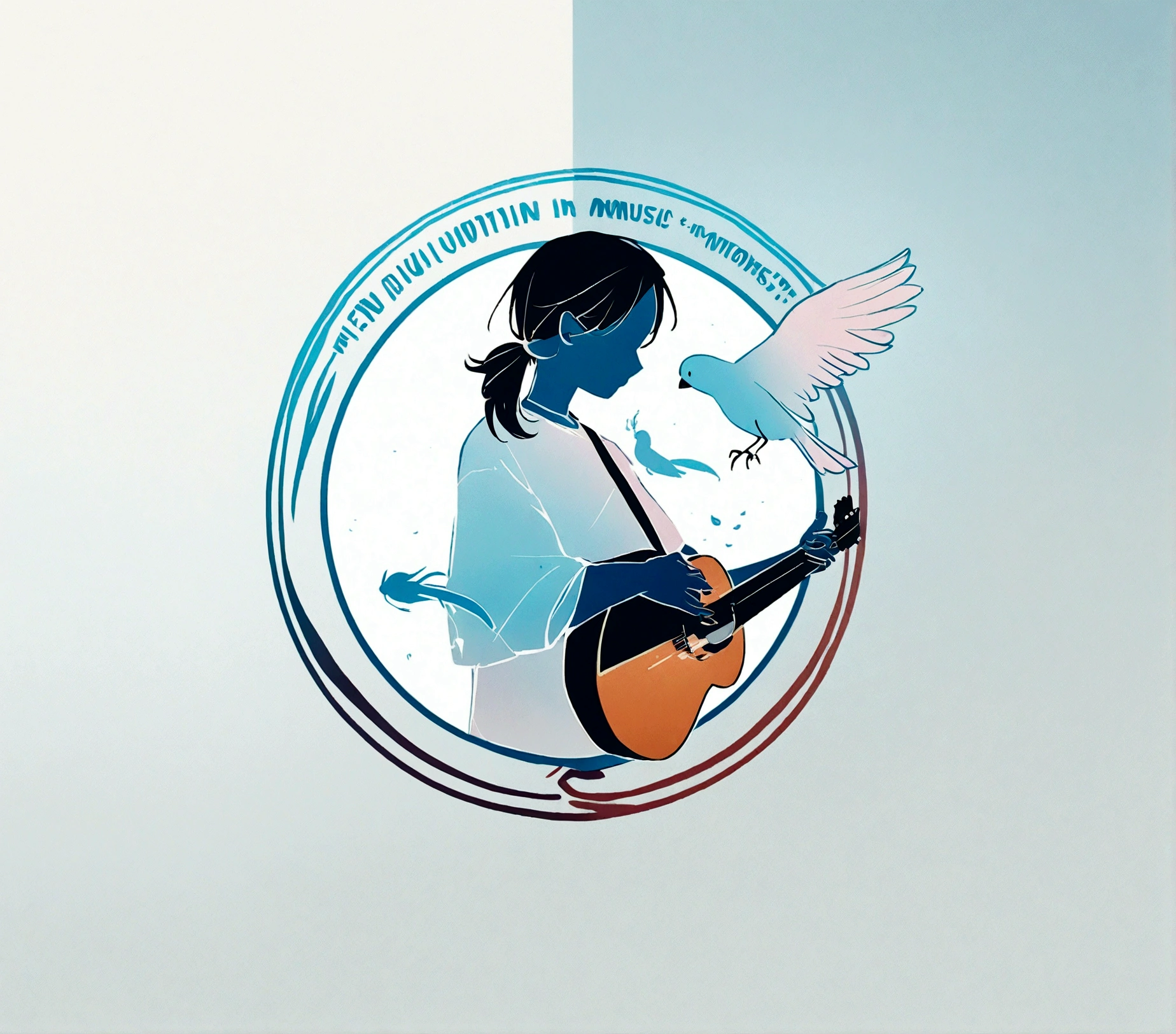 Create a modern, minimalistic logo design for a brand about music and movies called "PENAMEMORIA". The logo must be in minimalistic style and convey a sense of storytelling. The logo is a simple silhouette of a boy happily running with open arms and holding an acoustic guitar in his right hand. The boy is playing with a bird and a feather. Modern logo, unique, creative, fantastic, impressed on a white-shirt. Logo design with light colors
