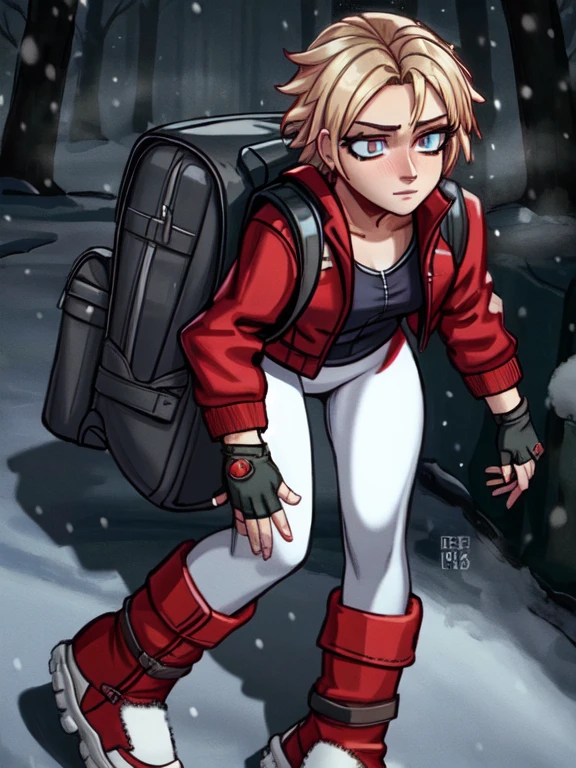 ((Best quality)), ((Masterpiece)), (detailed), (4K quality), (Detailed face:1.2), (Detailed eyes:1.2), (Perfect figure:1.2), 1girl, UDSam, solo, short hair, blonde hair, (Wearing: Red jacket, white leggings, fingerless gloves, snow boots and backpack:1.3), foggy and snowing weather snowy, blizzard, in a forest, upper body shot, night time ambiance, expressive eyes, detailed shadows, walking, detailed background. She's looking into the camera with a worried and determined feeling. This is a masterpiece that exudes exceptional quality and immersion. The illustration is ultra-detailed, Using HDR technology to create a sense of depth. Tone is isolation, gloomy, and anxiety driven, Full of spooky elements.
