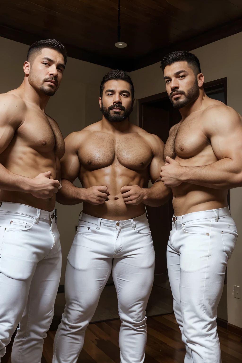 Photograph of three men stuck in a row, uno detras del otro, with heavyweight bodybuilder cinematic light 75kg full muscle, Bigote grueso y trozo chino barbudo, hombres muy guapo. perfect body ratio,, hipermusculoso nalgon, realista, white jeans,
