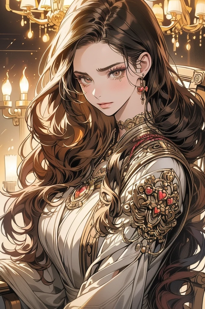 (masutepiece, Digital Art, Digital Illustration, 4K, 8K, Ultra-detailed, beautiful image, Sharp Image, Photorealistic, Raw photo, Perfect face, Perfect lines, Perfect eyes, Soft lighting) 1 woman, (Long Brown Hair,straight haired,Bullish gaze,Beautie,ellegance,mannish,Onepiece,Solid makeup,23 y-o woman,:1.3),Two handsome men in suits, (ember,Men in suits,well-muscled,Firm shoulder width,Adult male,Boyish hairstyle,English gentlemanly style,Man in his 30s with a cool expression,28-year-old man with bright smile:1.2),Antique furnishings,Antique Clamps,Antique chair,chandeliers,Crystal Glass,Luxury,fantastical light,Marble fireplace,wine glasses ,champagne,(First failure,heart-broken,Crying face,vexation:1.2),Crying a lot
