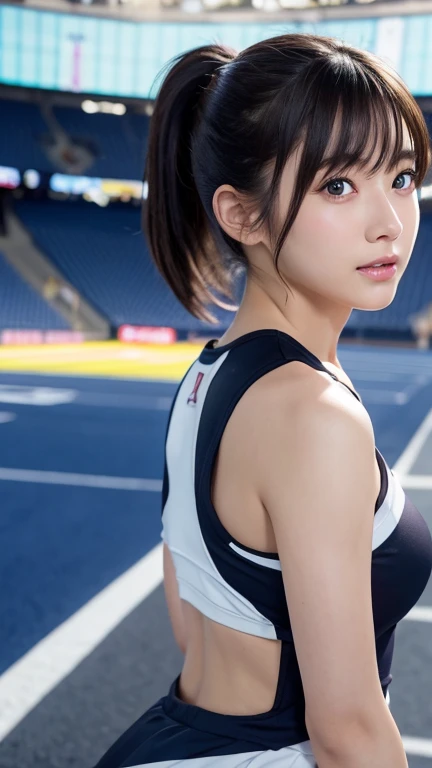 Cheerleader,american football,stadium,cheerleader,Cheer、Cheerリーディング、Cheerガール、Cheerガールの衣装、Cheerリーダーの衣装、8K、Detailed Description、Very high definition、Realistic、reality的、Real、live-action、reality、High resolution、Nogizaka46、japanese idol,beautiful girl、21 years old、profile,Daytime、Dark brown eyes,light smile,Mouth closed、ponytail、Knee-up-top angle of view、Back view、look back、Very black hair、pretty girl、Beauty、Glowing Skin、Glowing Skin、Shiny Hair、Hair blowing in the wind、Very white skin、Heavy makeup、Large Breasts、Slit eyes、Dark brown eyes、Big Eyes、Double eyelids、Don&#39;t show your teeth、Look at this and laugh、clear、Cheerガール、Cheerリーダー