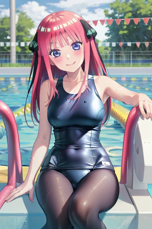 masterpiece, best quality, insanely detailed, beautiful, nino nakano, one-piece swimsuit, breasts, pantyhose, blush, smile, (outdoor swimming pool:1.3), legs spread