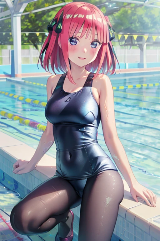 masterpiece, best quality, insanely detailed, beautiful, nino nakano, one-piece swimsuit, breasts, pantyhose, blush, smile, (outdoor swimming pool:1.3), legs spread