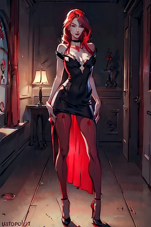 ((ultra realistic illustration:1.3)), Tall, slender ((redhead:1.2)) woman of Irish descent. (pale:1.3)complexion. blue eyes, cute butt, nice legs. Kind eyes, cute (smile). red lipstick, choker, black lace cocktail dress, fancy heels. Elegant evening wear. Classy Jazz club. Masterpiece, (highly detailed:1.2),(detailed face and eyes:1.2), 8k wallpaper, Moody lighting. core shadows, high contrast, bokeh.