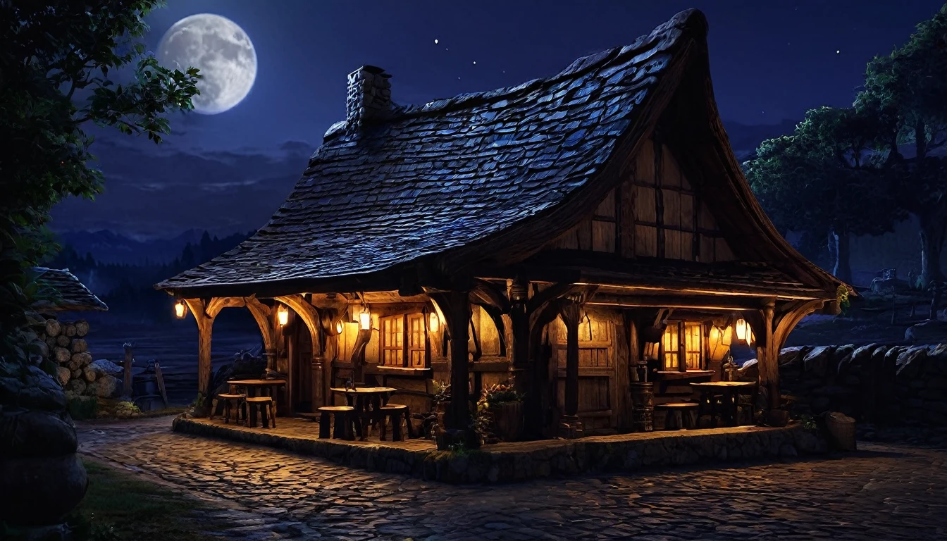 Dark fantasy, tavern, small wooden building, hd, exterior, night