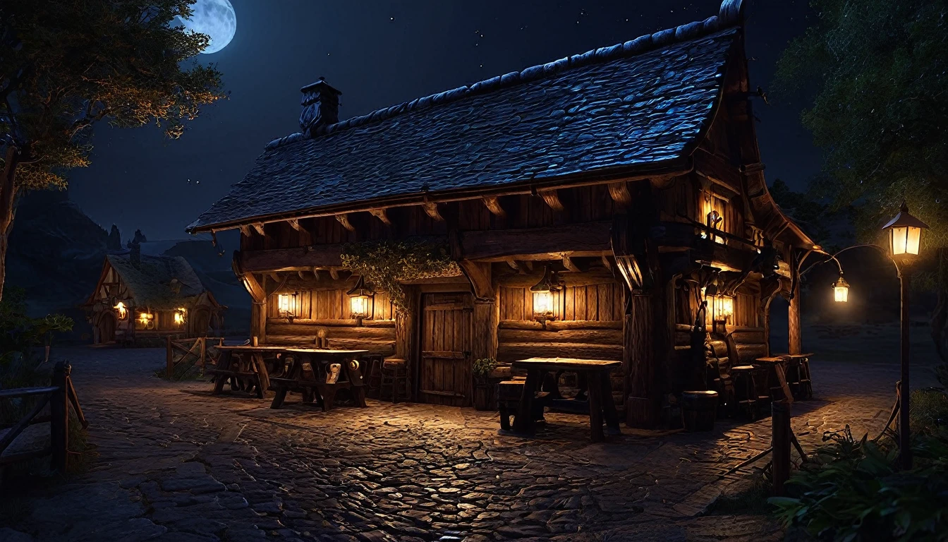 Dark fantasy, tavern, small wooden building, hd, exterior, night