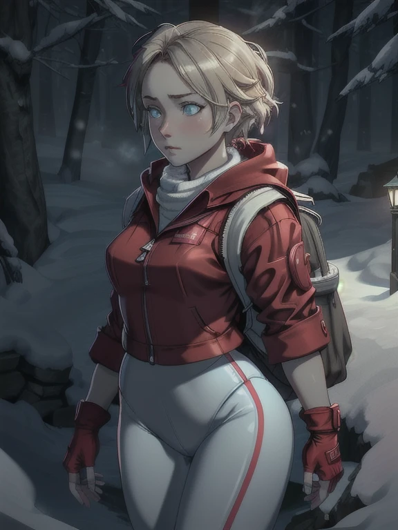 ((Best quality)), ((Masterpiece)), (detailed), (4K quality), (Detailed face:1.2), (Detailed eyes:1.2), (Perfect figure:1.2), 1girl, UDSam, solo, short hair, blonde hair, blue eyes, expressive eyes, (Wearing: Red jacket, white leggings, fingerless gloves, snow boots and backpack:1.3), foggy and snowing weather snowy, blizzard, in a forest, upper body shot, night time ambiance, detailed shadows, walking, detailed background. She's looking into the camera with a worried and determined feeling. This is a masterpiece that exudes exceptional quality and immersion. The illustration is ultra-detailed, Using HDR technology to create a sense of depth. Tone is isolation, gloomy, and anxiety driven, Full of spooky elements.
