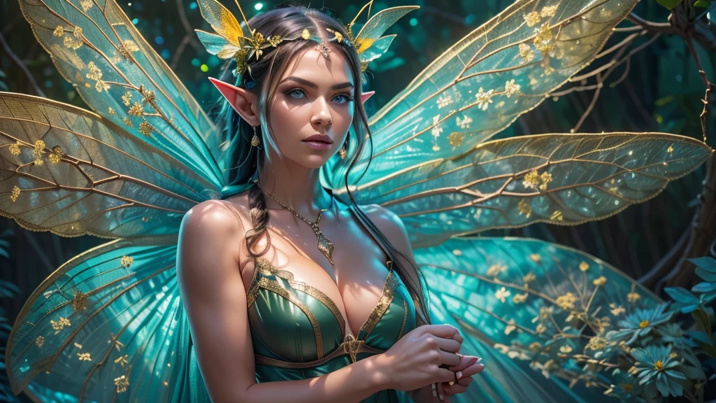 Beautiful faerie woman, elf ear, flying, centered holographic dragonfly wings, glowing blue eyes, detailed proportional hand, proportional body, firm breast, silk tutu, frank Frazzetta painting style, (Best Quality:1.4), (Ultra-detailed), (extremely detailed CG unified 8k wallpaper), Highly detailed, RAW Photos, Professional Photography, plein air, Illumination, (Super fancy photos:1.4), (Dazzling light), Radiant Photography, depth of fields