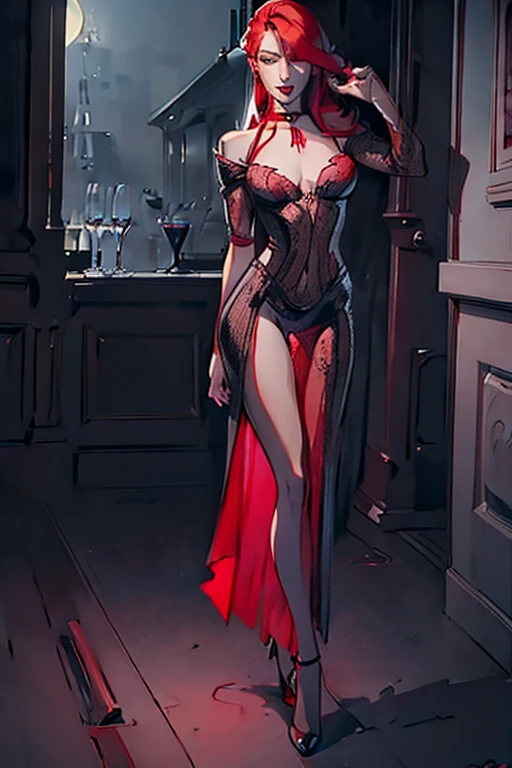 ((ultra realistic illustration:1.3)), Tall, slender ((redhead:1.2)) woman of Irish descent. (pale:1.3)complexion. blue eyes, cute butt, nice legs. Kind eyes, cute (smile). red lipstick, choker, black lace cocktail dress, fancy heels. Elegant evening wear. Classy Jazz club. Masterpiece, (highly detailed:1.2),(detailed face and eyes:1.2), 8k wallpaper, Moody lighting. core shadows, high contrast, bokeh.