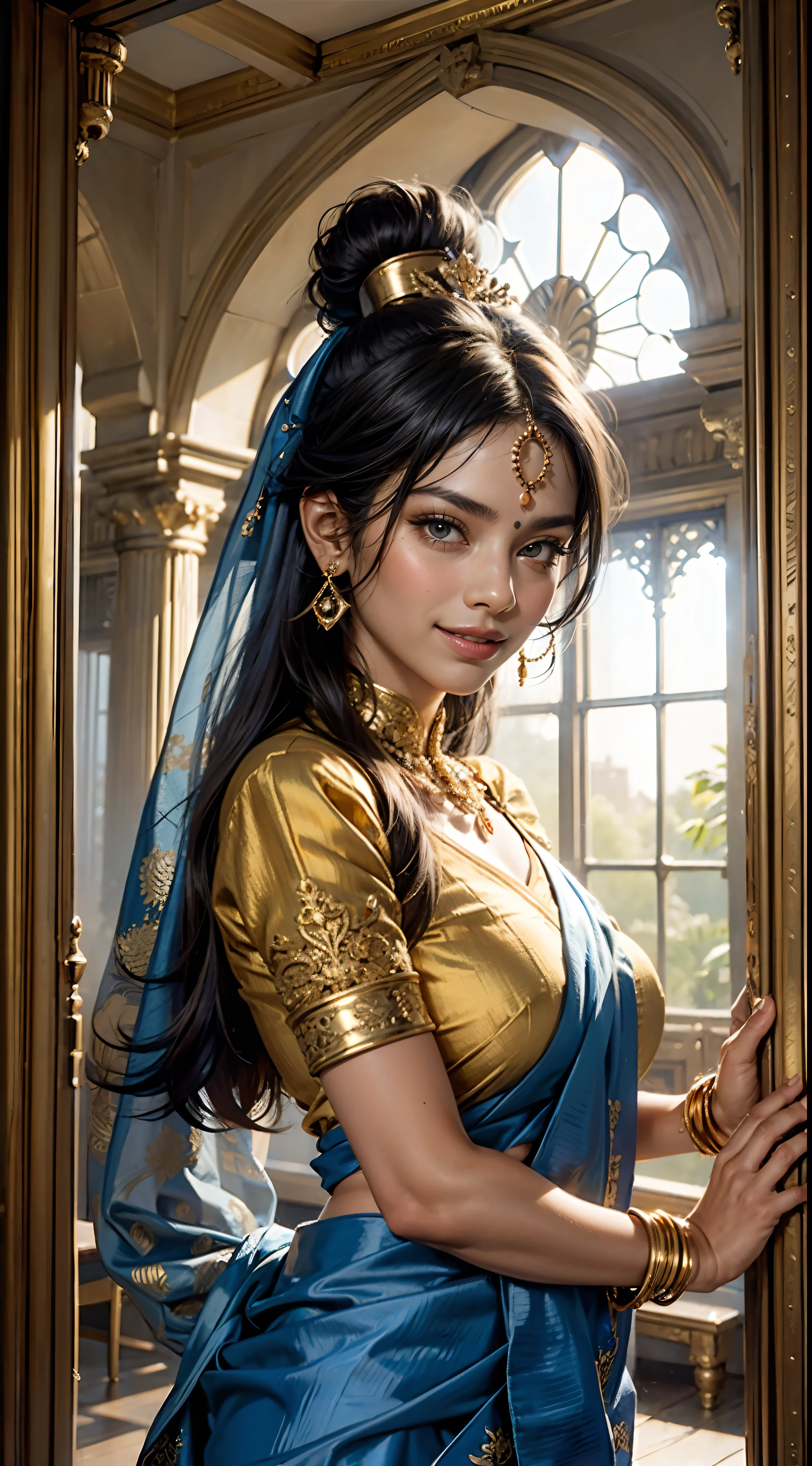 close-up RAW Portrait shot, photograph,woman, oval jaw, delicate features, beautiful face, long hair,dark hair, (big bun:0.7), long bangs, hairband, long ponytail, bright brown eyes, (royal blue silk sari:1.4), 25years old stunning beautiful woman, gigantic breasts,slim waist,wide hips,bubble butt,(((light smile:1.2))),(golden luxurious diadem with intricate details, gem:1.3), intricate details, skin texture, natural skin pores, dark dramatic studio lighting, cinematic shot,tan,(((ebony skin:1.1))), symetrical face, (((lascivious looking at viewer))), parted lips, full lips, smokey eyes, bun pillow, elaborate hairstyle, dark lips, standing inside a hindu temple mith intricate ornament,upper body shot