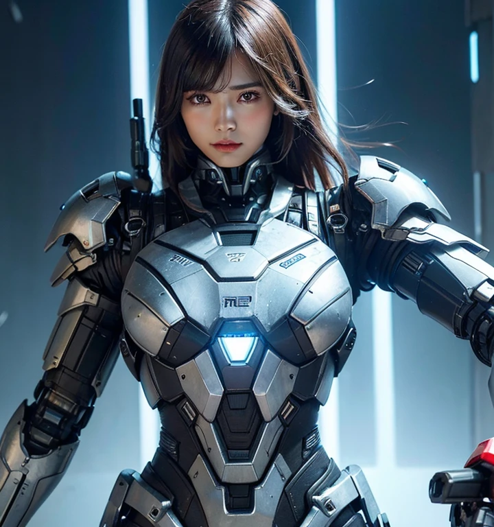Textured skin, Super Detail, high details, High quality, Best Quality, hight resolution, 1080p, hard disk, Beautiful,(Iron Patriot),beautiful cyborg woman,Mecha Cyborg Girl,Battle Mode,Girl with a Mecha Body,She wears a futuristic Iron Patriot mech,Fulll Body Shot,A powerful cyborg woman, sleek and futuristic, with advanced mechanical augmentations that enhance her strength and capabilities.