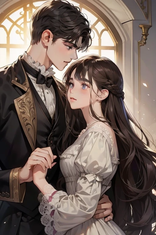 ((masterpieces)), best quality, outstanding illustration, a couple kissing, soft focus, 1 boy with short dark brown hair, 1 girl with long black front bang hair, Victorian clothes, Victorian romanticism, opulent and exquisite atmosphere, soft light and warm lighting, (girl’s eyes are purple), (boy’s eyes are grey).