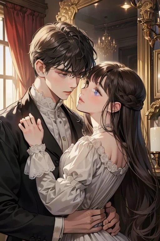 ((masterpieces)), best quality, outstanding illustration, a couple kissing, soft focus, 1 boy with short dark brown hair, 1 girl with long black front bang hair, Victorian clothes, Victorian romanticism, opulent and exquisite atmosphere, soft light and warm lighting, (girl’s eyes are purple), (boy’s eyes are grey).