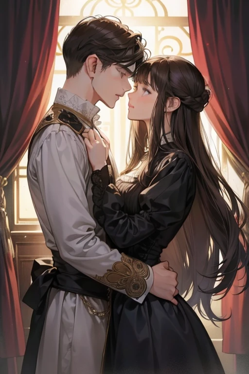 ((masterpieces)), best quality, outstanding illustration, a couple kissing, soft focus, 1 boy with short dark brown hair, 1 girl with long black front bang hair, Victorian clothes, Victorian romanticism, opulent and exquisite atmosphere, soft light and warm lighting, (girl’s eyes are purple), (boy’s eyes are grey).