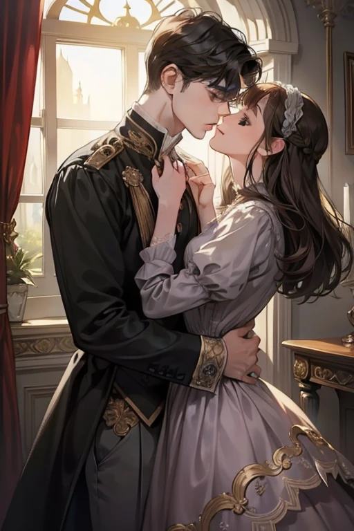 ((masterpieces)), best quality, outstanding illustration, a couple kissing, soft focus, 1 boy with short dark brown hair, 1 girl with long black front bang hair, Victorian clothes, Victorian romanticism, opulent and exquisite atmosphere, soft light and warm lighting, (girl’s eyes are purple), (boy’s eyes are grey).