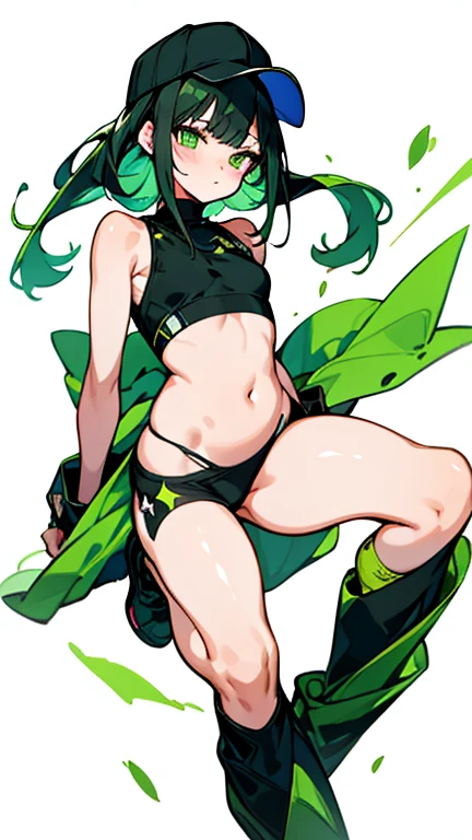 Saori_greenarchive, bedazzling eye, exposed Stomach, 露出したbelly button, Naked tummy, length_hair, 前hair, green_eye, black_hair, Hello, have, chest, baseball_cap, Sleeveless, green_hair, black_Have, belly button, Stomach, big_chest, Sparkling, Starlight、white background, full body