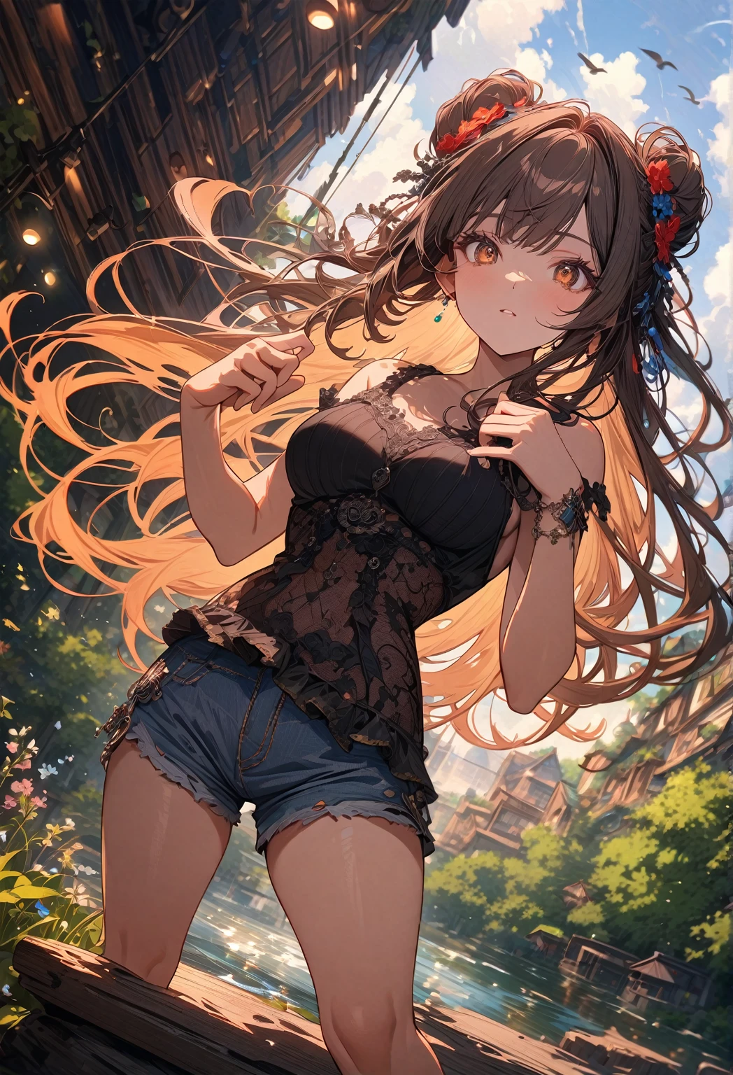 (best quality, absurdres, top details, high quality, very aesthetic, detailed, highest quality, newest, highres, ultra fine painting, (masterpiece:1.2)), digital art, official art, cinematic, 4k, 8k resolution, 8K CG wallpaper, CG, detailed background, blurry background, high resolution, wide shot, from far away, epic lighting, RAW photo, dynamic angle, POV, sharp focus, lens flare, light reflection, reflections, light source, intricate details, hard light, particle noise, professional photography, bokeh, depth of field, good lighting, hard colors, looking away, detailed lights and shadows, stylish, ultra-detailed, Pixiv, trending art, niji style, modern-days, master crafted, pose, (top quality, details:1.37), solo, 1girl, a girl, correct fingers, detailed eyes, (medium big breasts:1.2), tight bust, big thighs, short torso, flushtered, casual, (innocent face, cute, slim), nice hips, nice body, brown hair, (long flowing hair:1.2), twin buns hairstyle, long bangs, long hair, middle hair bangs, brown eyes, ((black string tanktop:1.2), tummy skin:1.1), off shoulder open green hoodie, shorts, outfit ornaments), flower garden, grass, flowers, tress, plants, puddle, birds, animals, clouds, branches, tree log, tree stump, outdoor, landscape, open field, forest area, no houses, no infrastructure, no house roofs,
