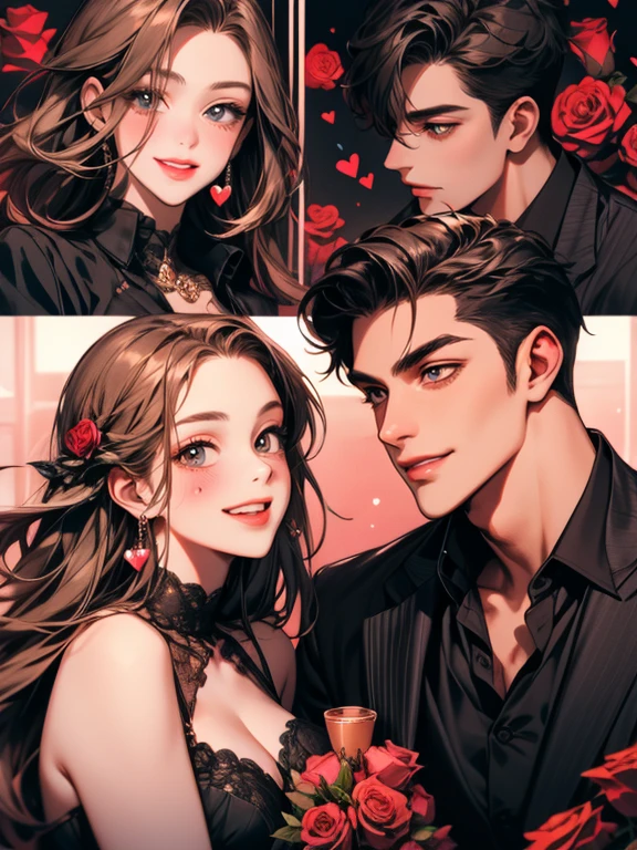 masterpiece, collage of couple, 1 guy, 1 woman, valentine, happy, smile, chocolate, roses, hearts