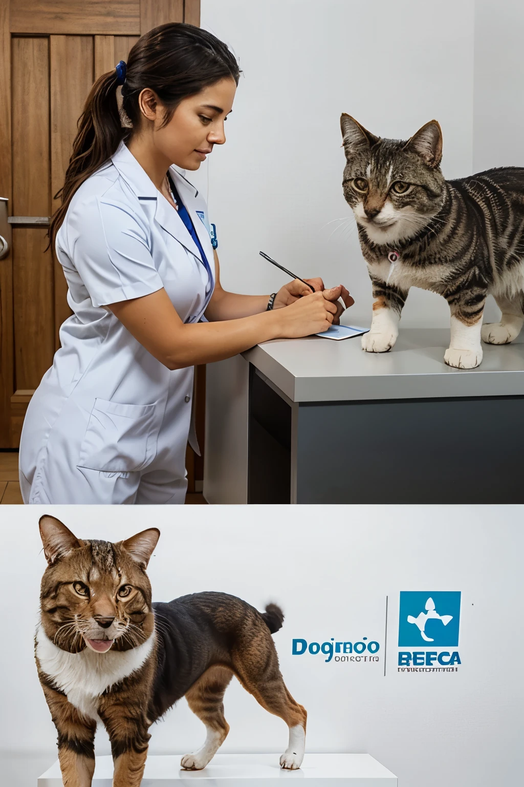 Crea un logo para un consultorio veterinario, que lleve como nombre DOGTOR MACAGUA, las letras O del nombre que sean huellas (perro y gato)