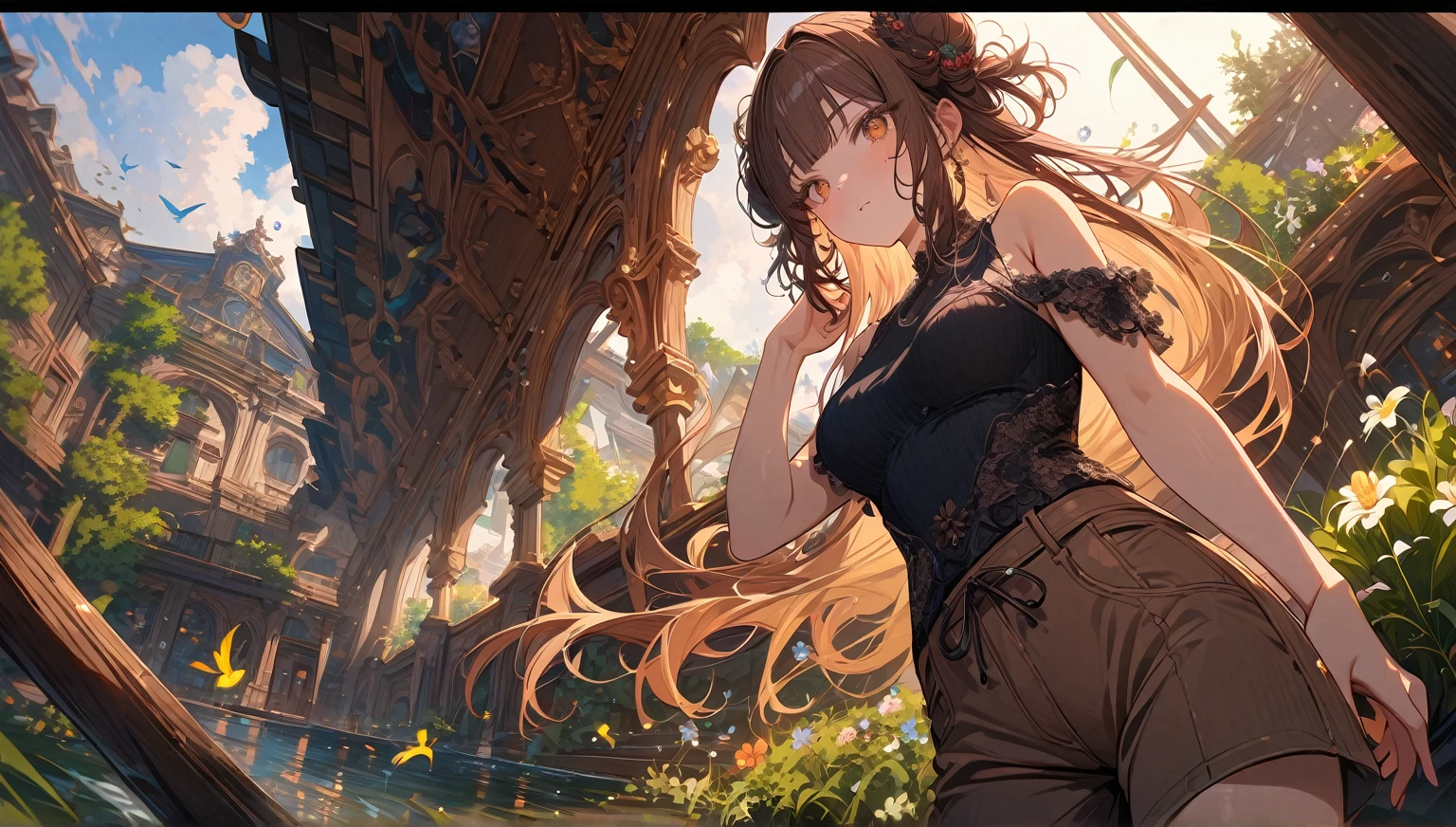 (best quality, absurdres, top details, high quality, very aesthetic, detailed, highest quality, newest, highres, ultra fine painting, (masterpiece:1.2)), digital art, official art, cinematic, 4k, 8k resolution, 8K CG wallpaper, CG, detailed background, blurry background, high resolution, wide shot, from far away, epic lighting, RAW photo, dynamic angle, POV, sharp focus, lens flare, light reflection, reflections, light source, intricate details, hard light, particle noise, professional photography, bokeh, depth of field, good lighting, hard colors, looking away, detailed lights and shadows, stylish, ultra-detailed, Pixiv, trending art, niji style, modern-days, master crafted, pose, (top quality, details:1.37), solo, 1girl, a girl, correct fingers, detailed eyes, (medium big breasts:1.2), tight bust, big thighs, short torso, flushtered, casual, (innocent face, cute, slim), nice hips, nice body, brown hair, (long flowing hair:1.2), twin buns hairstyle, long bangs, long hair, middle hair bangs, brown eyes, ((black string tanktop:1.2), tummy skin:1.1), off shoulder open green hoodie, shorts, outfit ornaments), flower garden, grass, flowers, tress, plants, puddle, birds, animals, clouds, branches, tree log, tree stump, outdoor, landscape, open field, forest area, no houses, no infrastructure, no house roofs,