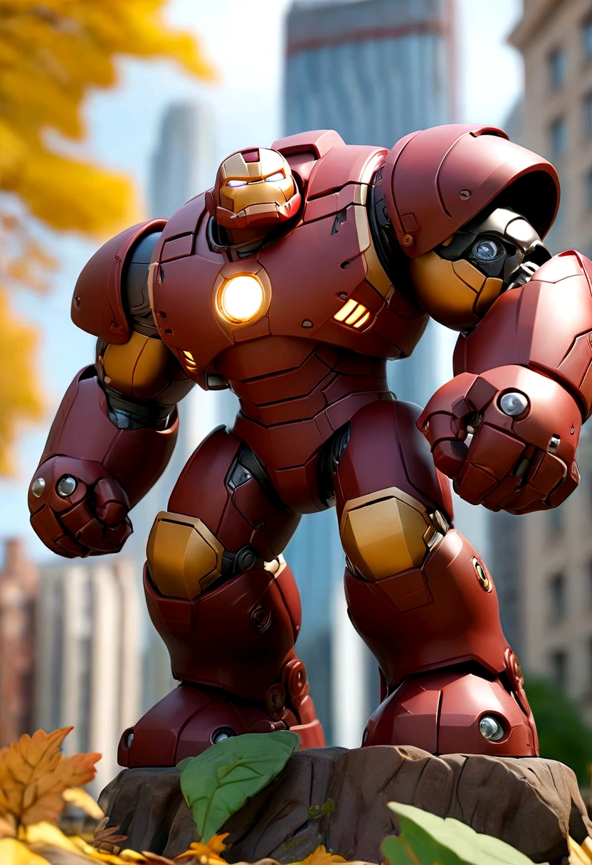 a rusty hulkbuster x gatotkaca figure, wear dirty cloak, IN THE CITY PARK, black steel mecha accent, hero pose, bird eye view, holding a sword, dieter ram style, trees