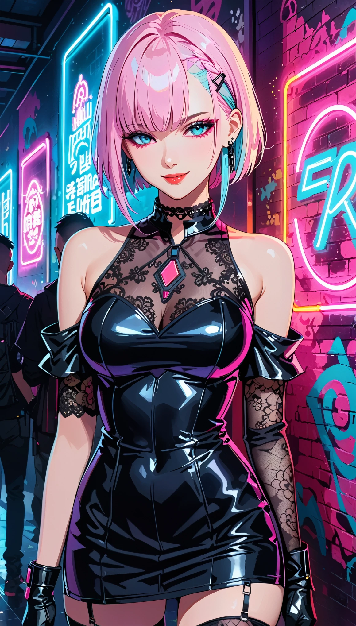 1girl,lucy \(cyberpunk\),cyberpunk \(series\),(close up on face:1.2),(portrait:1.2), wearing black gothic dress, lace decoration on dress, intricate details on dress, ,emo girl,large breasts,smile,cowboy shot,tattoo on shoulder,(black eyeshadow:1.2),dutch angle,against (graffiti wall:1.2), (pink theme:1.2),cyan theme,black theme,lighting theme,iridescent inner hair,jewelry, BREAK (lighting:1.2),(soft light:1.2),(see-through silhouette:1.2),(backlighting:1.2),(glowing:1.2),(neon light:1.2),(spot lights:1.2), bare shoulders, black dress, lace dress, see through lace dress,bodystocking, lace thighhighs,miniskirt,lace sleeves,fingerless gloves,lace choker,indoors,crowd,night club,detailed background,urban,reflection,surrounded by people,, (masterpiece:1.2), (best quality:1.2), (very aesthetic:1.2), (absurdres:1.2), (detailed background),newest, intricate,