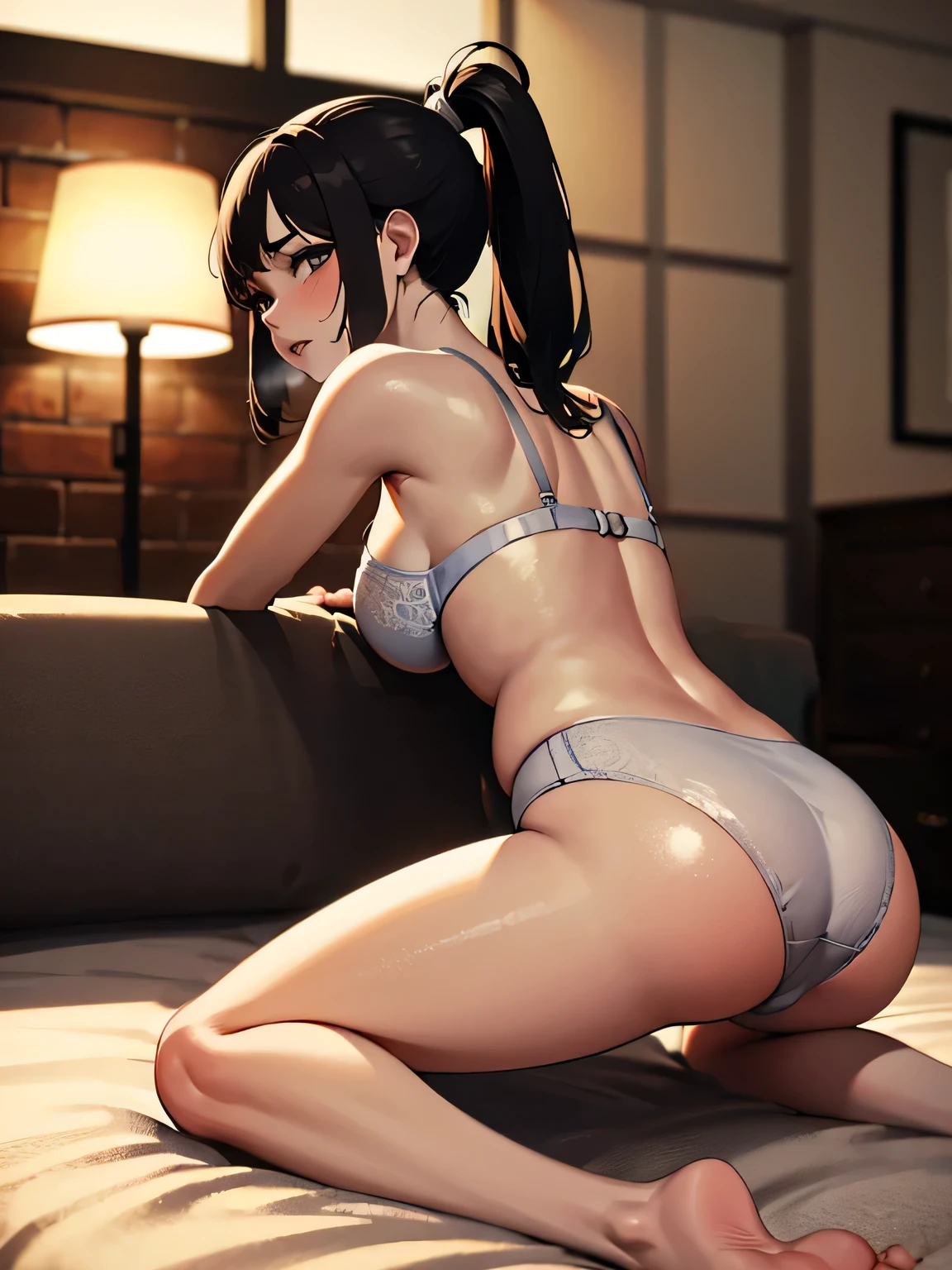 underwear
(1girl:1.3), Masterpiece, Best quality, amazing beauty, [[3D]], 4K, absurdres, finely detail, super detailed eye, perfect anatomy, official art, cinematic lighting, BREAK, bedroom, silky ponytail, black hair, super shiny detailed brown eyes, tareme, Looking Back, plump lips, shy face, seductive smile, BREAK , usually, slim, sweaty skin, sitting bed in bedroom, shoot from below, Bold composition, Backlighting, BREAK , (underwear:1.2), BREAK,()