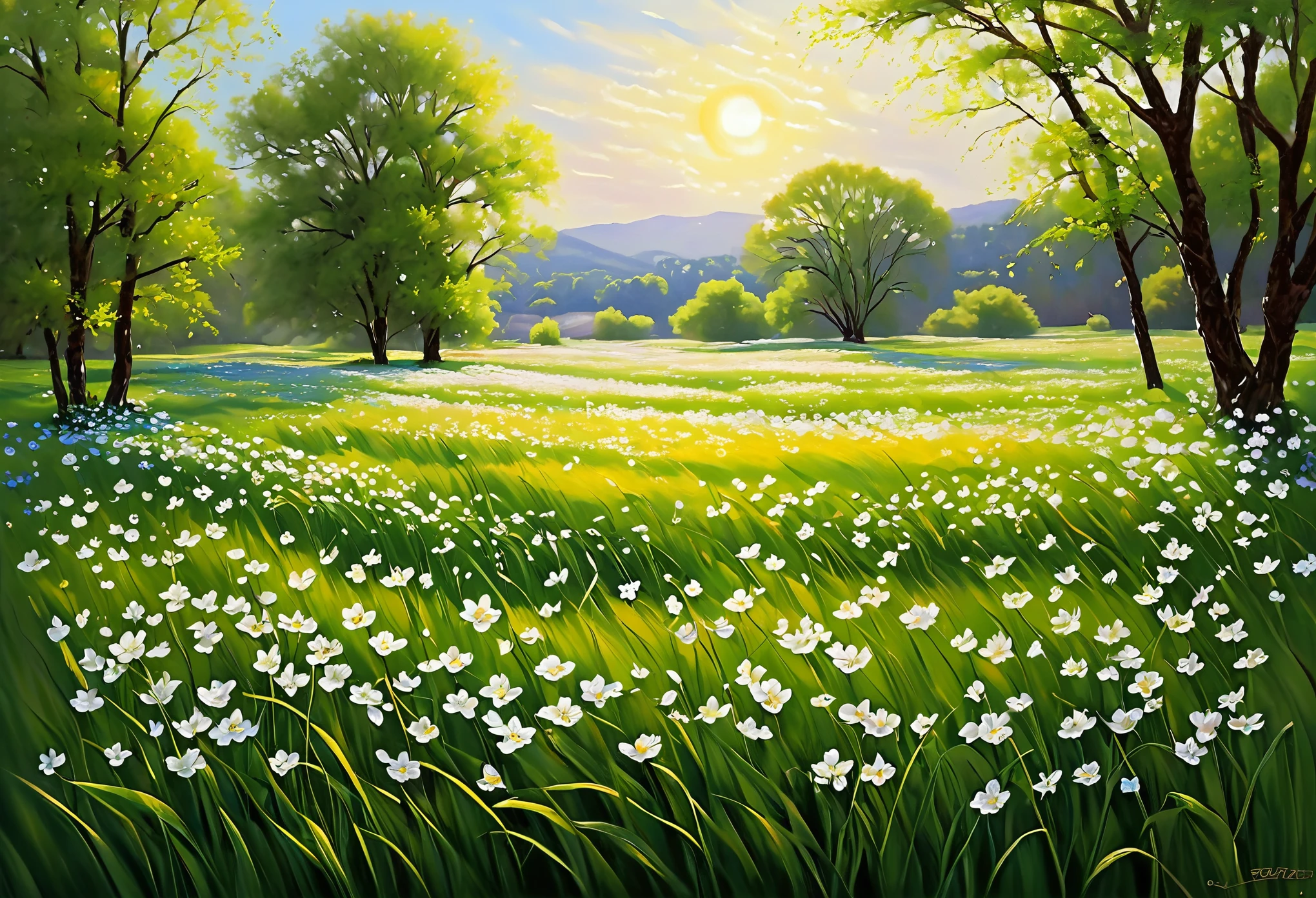 A gently stirring spring breeze dances through a field of vibrant blossoms, carrying the sweet scent of fresh blooms and the promise of new beginnings. This serene scene is captured in a breathtakingly lifelike oil painting, where each petal and blade of grass is rendered with exquisite detail. The sun-drenched colors of the flowers practically leap off the canvas, creating a sense of warmth and tranquility that invites viewers to bask in the beauty of nature's rebirth.