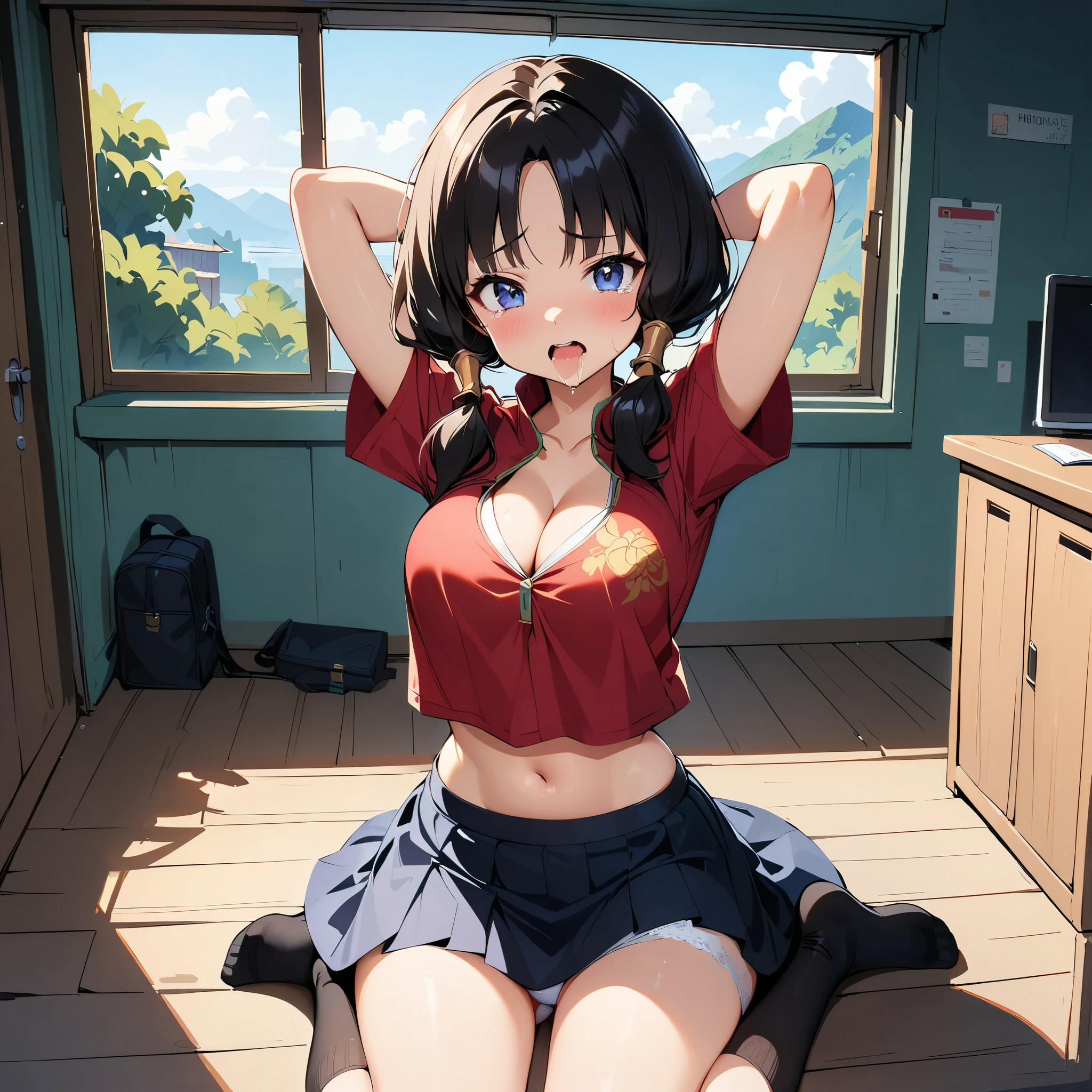 One girl, highest quality, Super detailed, masterpiece, Ultra-high resolution, 8k, Ridiculous, Cowboy Shooting, Focus on the girl, Embarrassing, blush, Lovely, Close one eye, With tears in her eyes and her mouth open, What saliva leaves behind, (arms behind head), (wariza), (china uniform), (cleavage),(crop top navel), Sticky panties, White lace panties, Classroom Background, (Videl:1.2), The skirt is accidentally exposed,alrge breasts, Accidentally exposed panties, Absolute area, Black knee socks