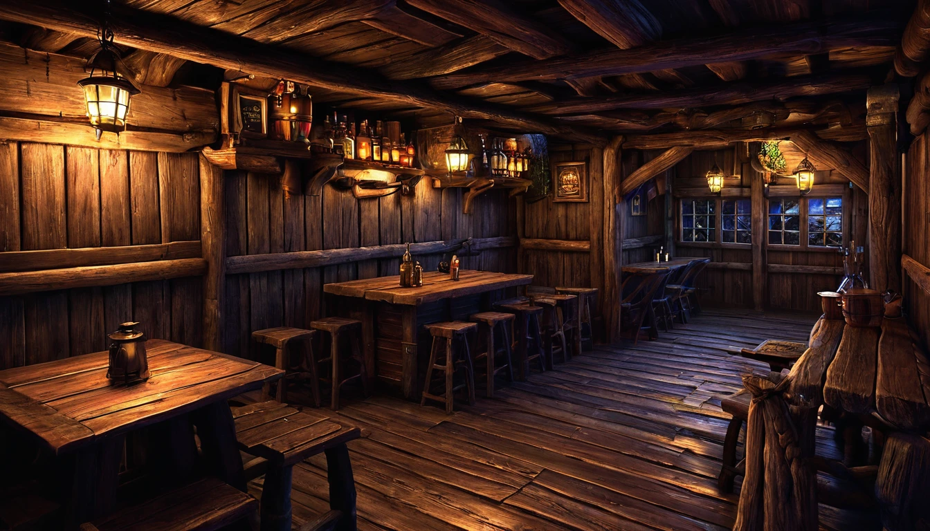 Dark fantasy, tavern, small wooden building, hd, wooden interior, night
