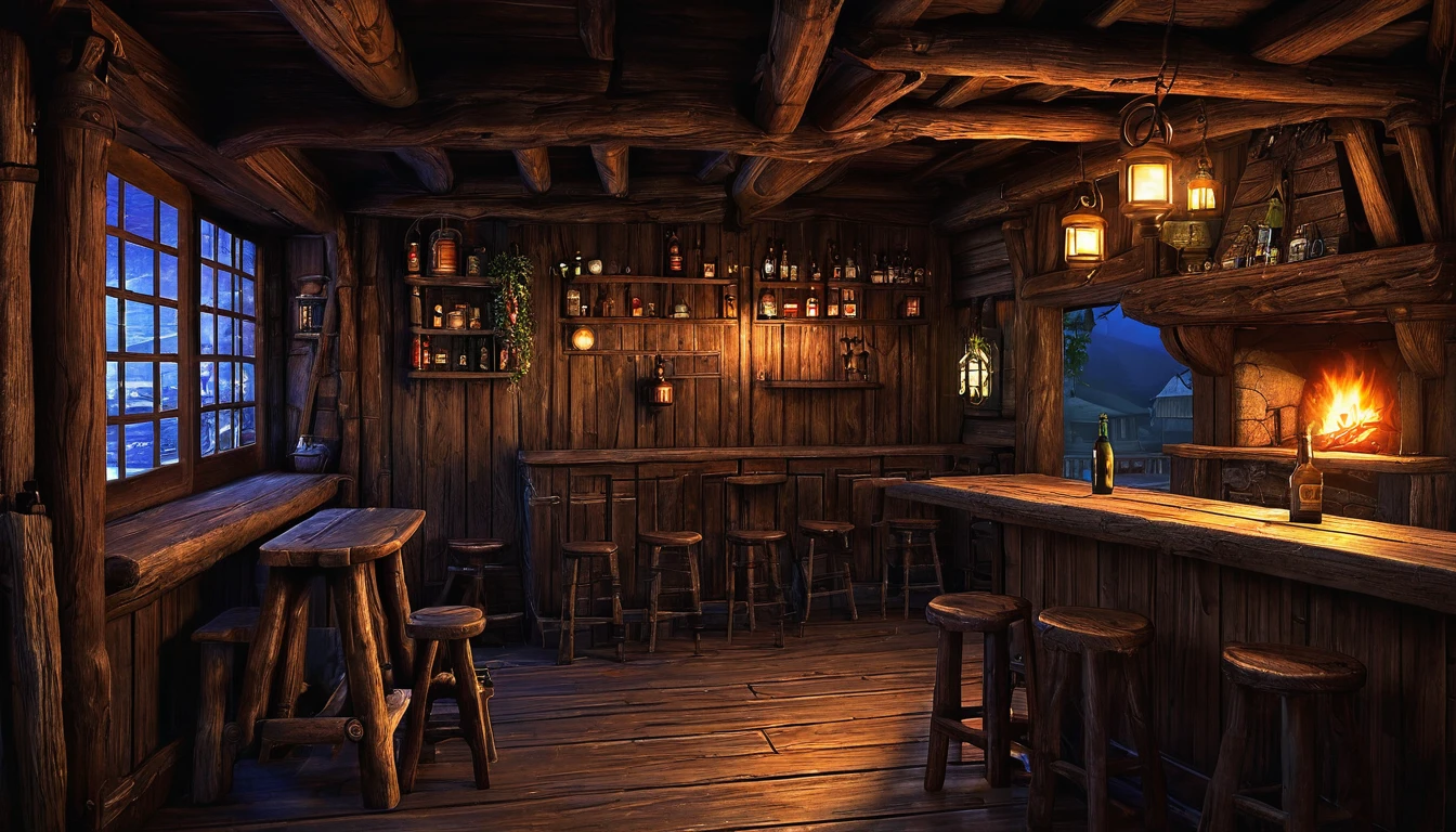 Dark fantasy, tavern, small wooden building, hd, wooden interior, night