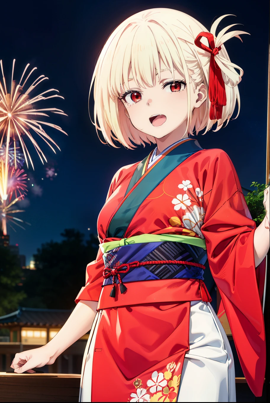 chisatonishikigi, Chisato Nishikigi, short hair, bangs, Blonde Hair, (Red eyes:1.5), Hair Ribbon, One side up, Bobcut,smile,Please open your mouth wide,
,red kimono,Thick sleeves、Sandals,日本のfestival,夏festivalの屋台、Red Lantern,Fireworks in the night sky,The place is a fireworks display,Time is night,So that the whole body goes into the illustration,Looking up from below、walk,
break outdoors, festival,shrine,
break looking at viewer,Upper Body, (Cowboy Shot:1.5),
break (masterpiece:1.2), highest quality, High resolution, unity 8k wallpaper, (shape:0.8), (Beautiful details:1.6), Highly detailed face, Perfect lighting, Extremely detailed CG, (Perfect hands, Perfect Anatomy),