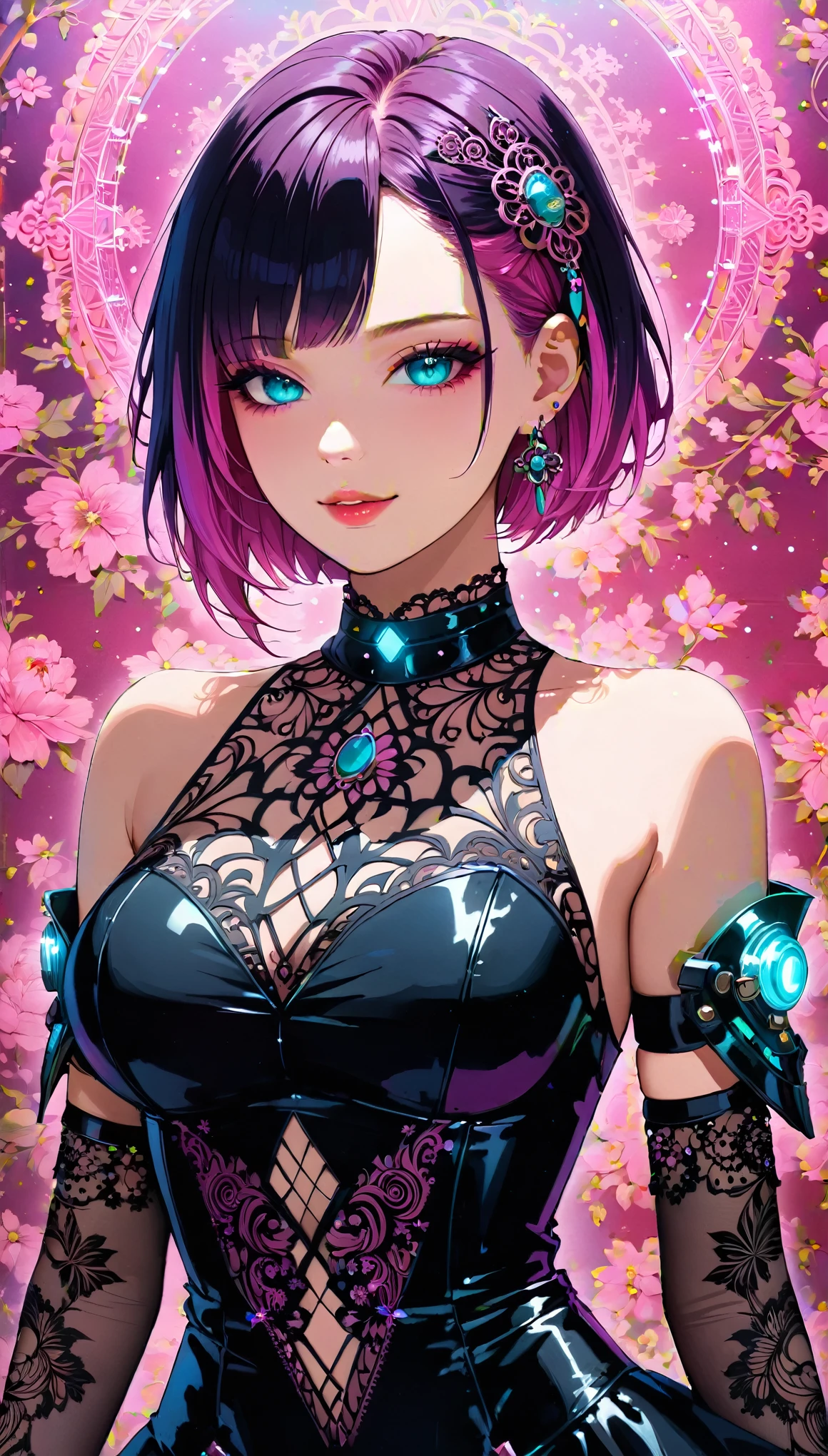 Detailed textures, high quality, high resolution, high accuracy, realism, color correction, correct lighting settings, harmonious composition. A beautiful anime girl in the style of Shoujo manga, stained glass dress, black background, vibrant colors, night time, cyberpunk, flowers and vines everwhere, neon lights glowing through all the plants and foliage --ar 71:128 --s 750 --niji 6 --style raw